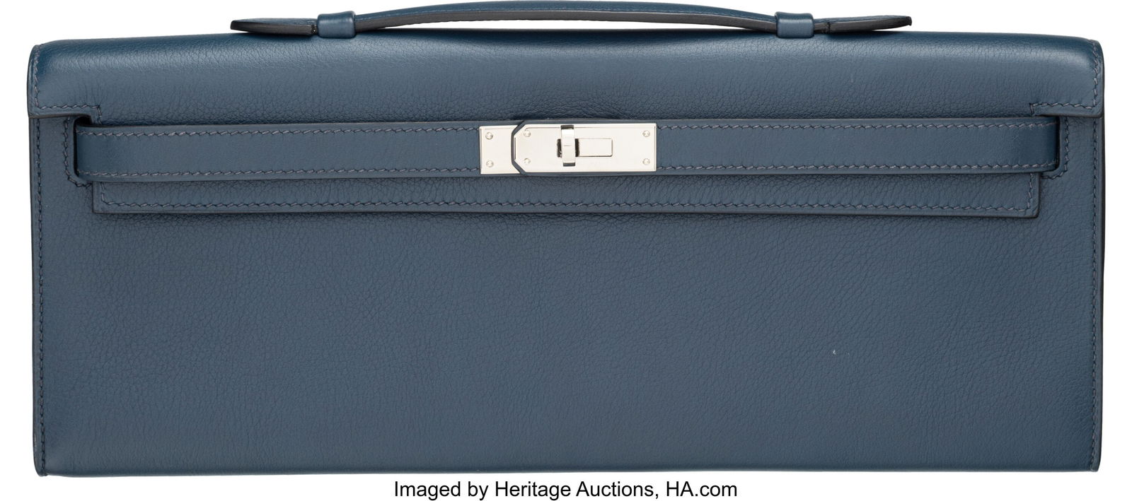 Hermès Bleu De Prusse Swift Leather Kelly Cut C: Hermès Bleu De Prusse Swift Leather Kelly Cut Clutch with Palladium Hardware L Square, 2008 Condition: 2 12.25" Width x 5" Height x 1" Depth This bag is done in Bleu De Pruss