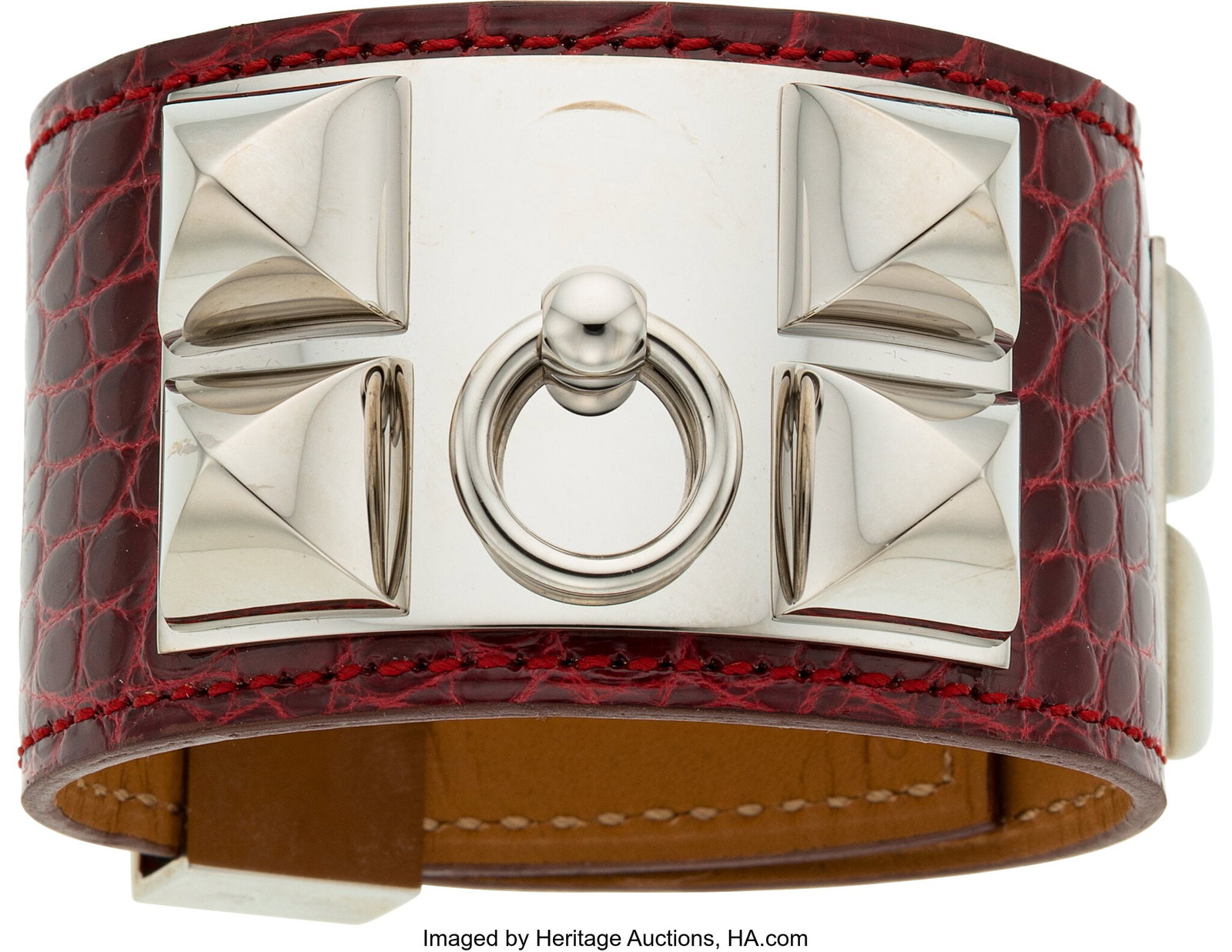 Hermès Shiny Rouge H Alligator Collier de Chien: Hermès Shiny Rouge H Alligator Collier de Chien Bracelet with Palladium Hardware N Square, 2010 Condition: 2 6.75" Inner Circumference x 1.5" Width This bracelet is do