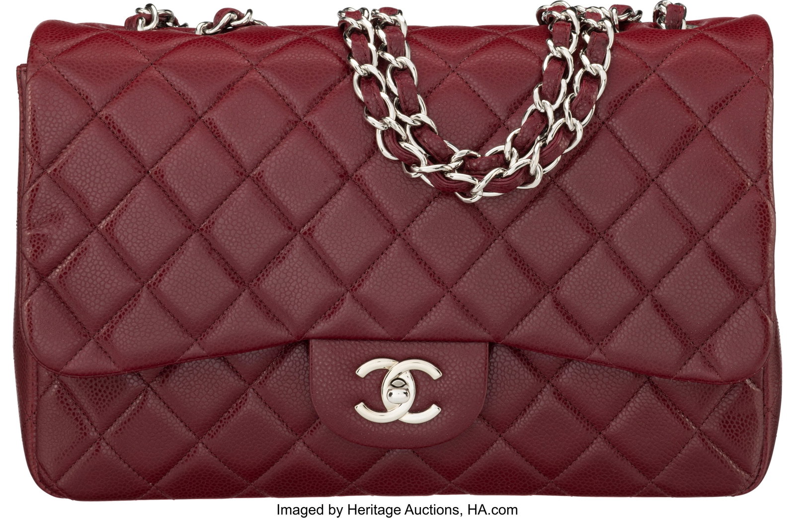 Chanel Dark Red Quilted Caviar Leather Jumbo Cla: Chanel Dark Red Quilted Caviar Leather Jumbo Classic Flap Bag with Silver Hardware 2009-2010 Condition: 2 11.75" Width x 7.75" Height x 4" Depth This bag is done in Dark Red Caviar