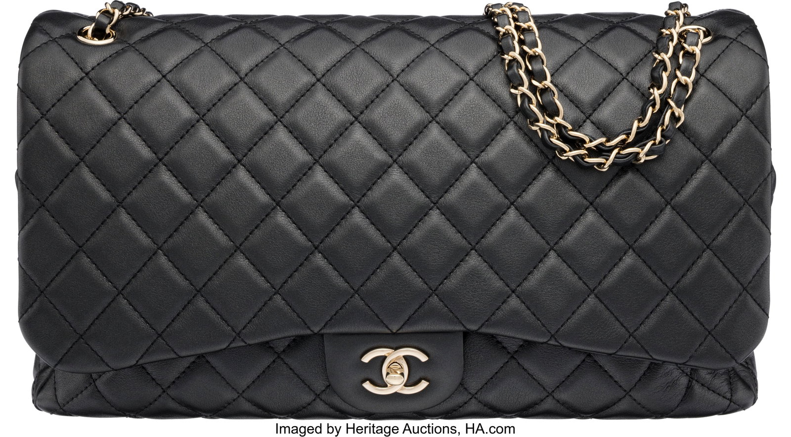 Chanel Black Quilted Calfskin Leather XXL Classi: Chanel Black Quilted Calfskin Leather XXL Classic Flap Bag with Gold Hardware 2019 Condition: 1 15" Width x 9" Height x 5" Depth This bag is done in Black Calfskin Leather with Gold Hardware&com