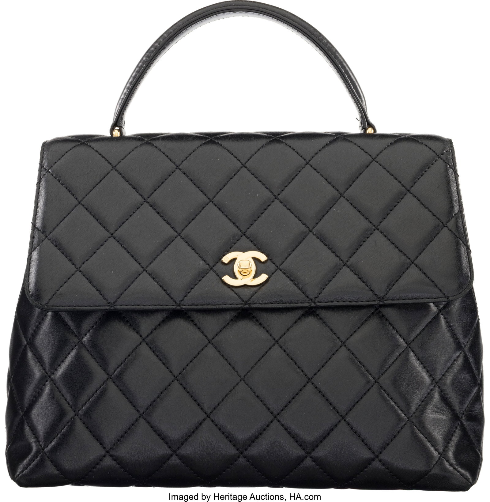 Chanel Black Quilted Lambskin Leather Large Kell: Chanel Black Quilted Lambskin Leather Large Kelly Handle Bag with Gold Hardware 2003-2004 Condition: 3 11.5" Width x 9" Height x 4.5" Depth This bag is done in Black Lambskin Leath