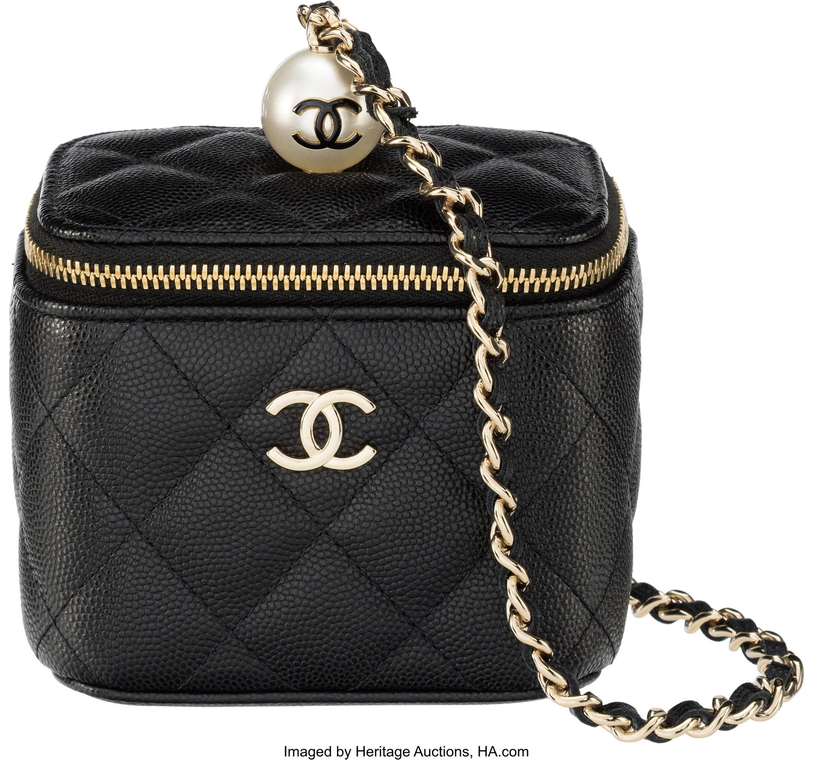 Chanel Black Quilted Caviar Leather Pearl Vanity: Chanel Black Quilted Caviar Leather Pearl Vanity Clutch On Chain with Gold Hardware 2021 Condition: 1 4" Width x 3.5" Height x 3" Depth This bag is done in Black Caviar Leather with Gold