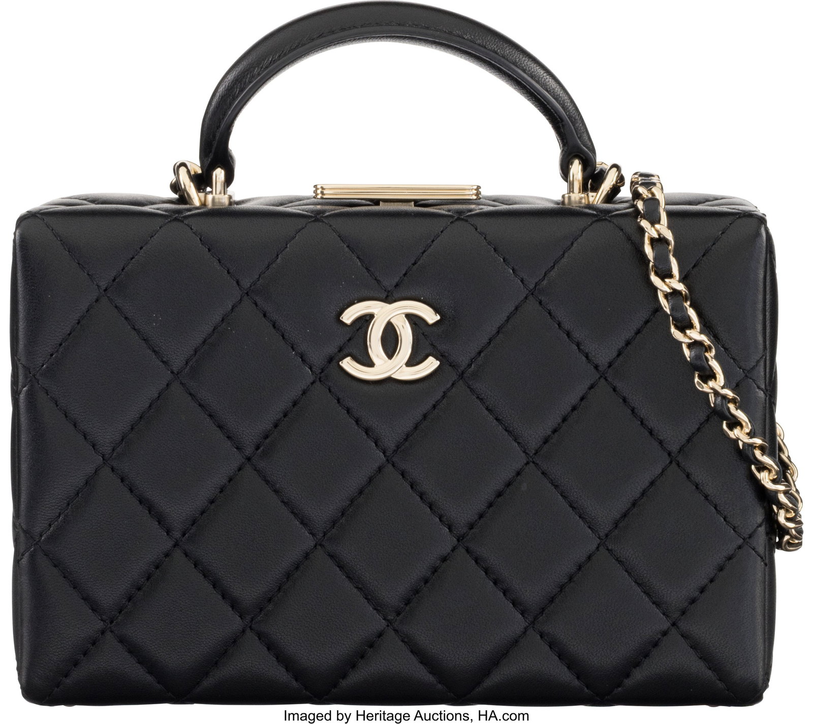 Chanel Black Quilted Lambskin Leather Small Top: Chanel Black Quilted Lambskin Leather Small Top Handle Box Bag with Silver Hardware Condition: 1 7.25" Width x 5" Height x 2.5" Depth This bag is done in Black Lambskin Leather wit