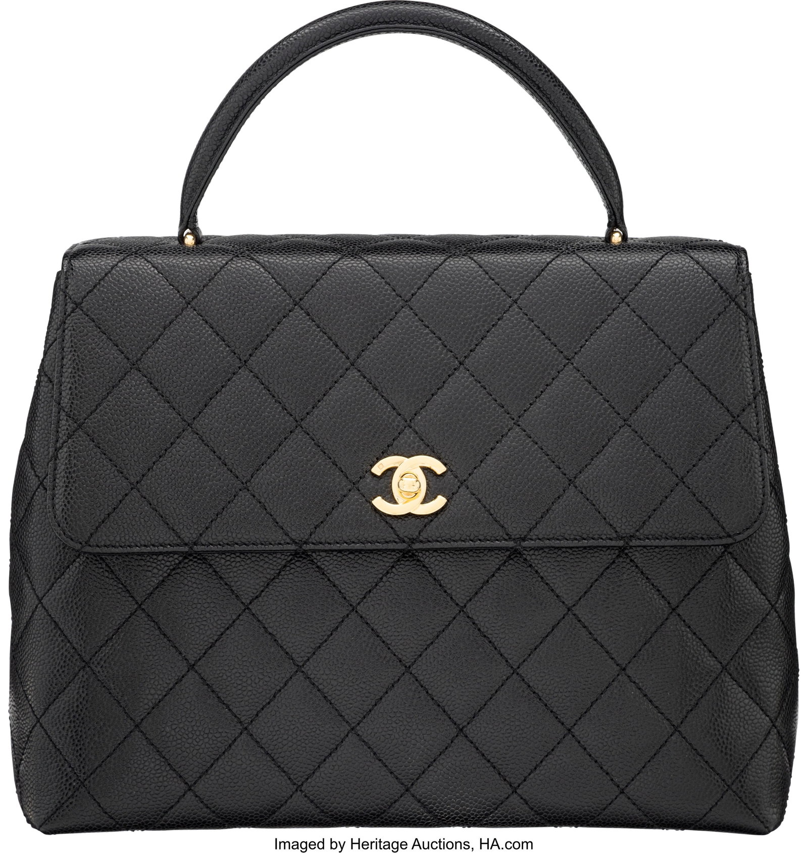 Chanel Black Quilted Caviar Leather Large Kelly: Chanel Black Quilted Caviar Leather Large Kelly Handle Bag with Gold Hardware 2005-2006 Condition: 2 12" Width x 8.5" Height x 4.5" Depth This bag is done in Black Caviar Leather w
