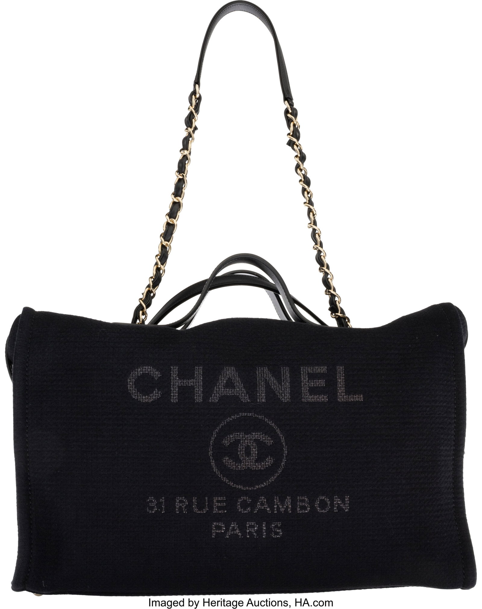 Chanel Black Tweed Maxi Deauville Bowling Bag Pe: Chanel Black Tweed Maxi Deauville Bowling Bag Pet Carrier with Gold Hardware Condition: 1 15.5" Width x 10" Height x 6" Depth This bag is done in Black Tweed with Gold Hardware, fea