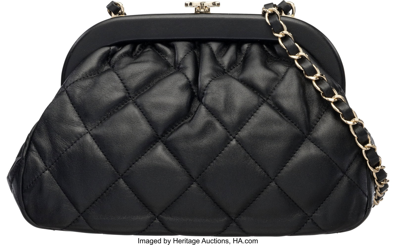 Chanel Black Quilted Leather Frame Bag with Gold: Chanel Black Quilted Leather Frame Bag with Gold Hardware Condition: 1 9.5" Width x 6.5" Height x 4" Depth This bag is done in Black Quilted Leather with Gold Hardware, featu