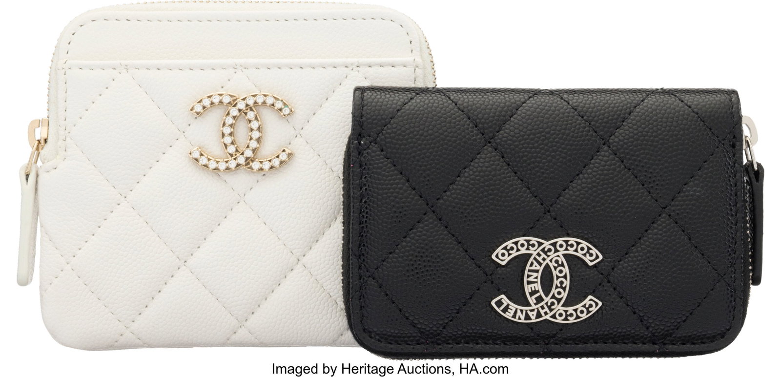 Chanel Set of Two: Quilted Leather Card Holders: Chanel Set of Two: Quilted Leather Card Holders See Extended Condition Report for Details. This set includes: Chanel White Quilted Leather Crystal CC Zipper Card Holder with Silver