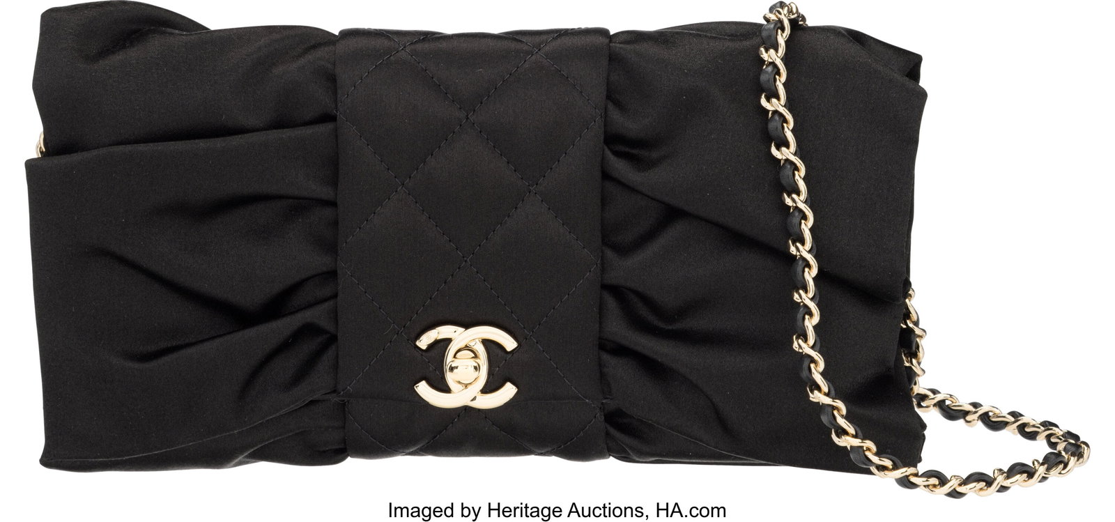 Chanel Black Satin Bow Flap Bag with Light Gold: Chanel Black Satin Bow Flap Bag with Light Gold Hardware Autumn 2023 Condition: 1 9.75" Width x 5.5" Height x 2" Depth This bag is done in Black Satin with Light Gold Hardware&comm
