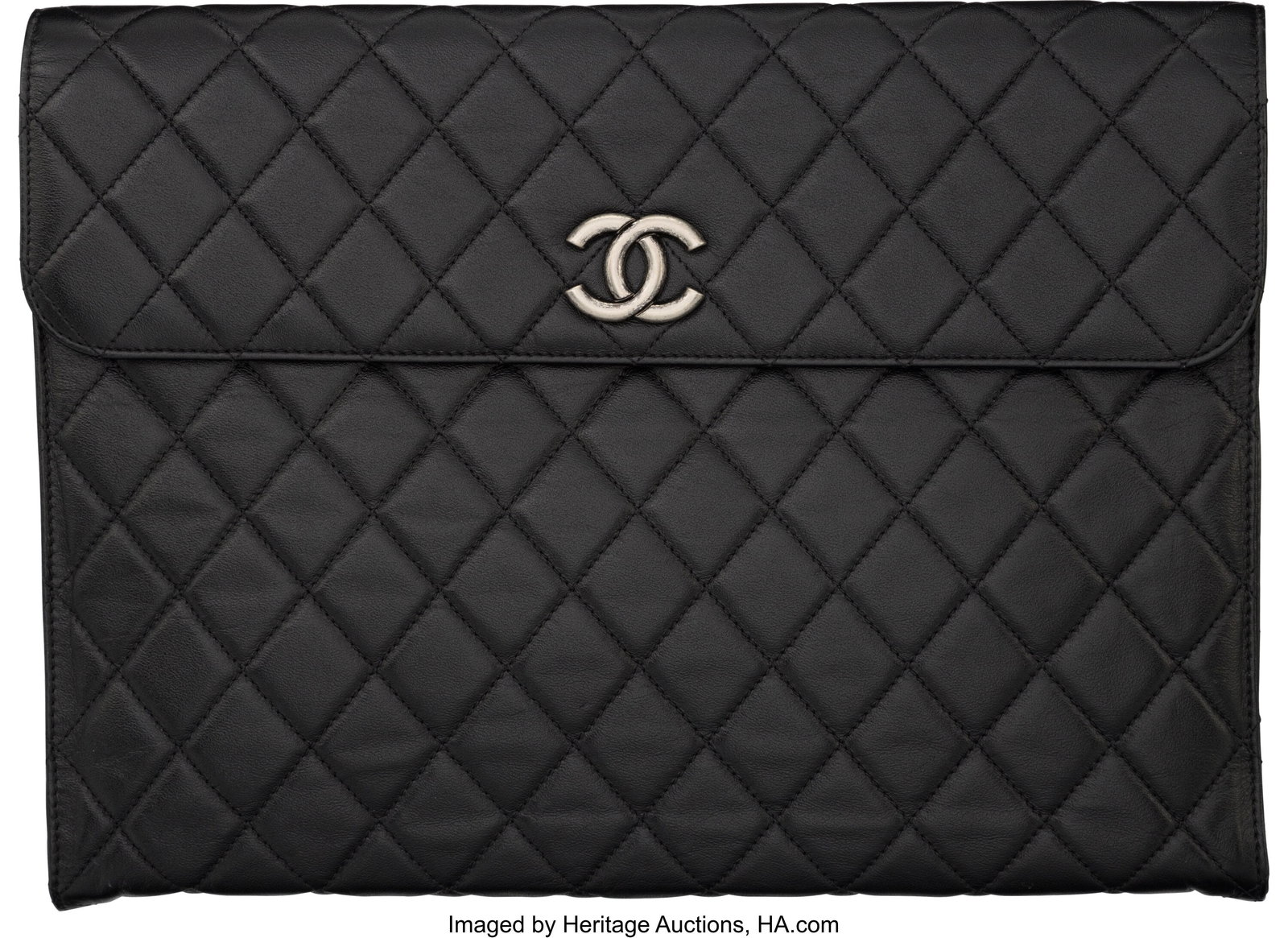 Chanel Black Quilted Leather Portfolio with Aged: Chanel Black Quilted Leather Portfolio with Aged Silver Hardware 2009-2010 Condition: 2 13.5" Width x 9.75" Height x 1.25" Depth This portfolio is done in Black Quilted Leat