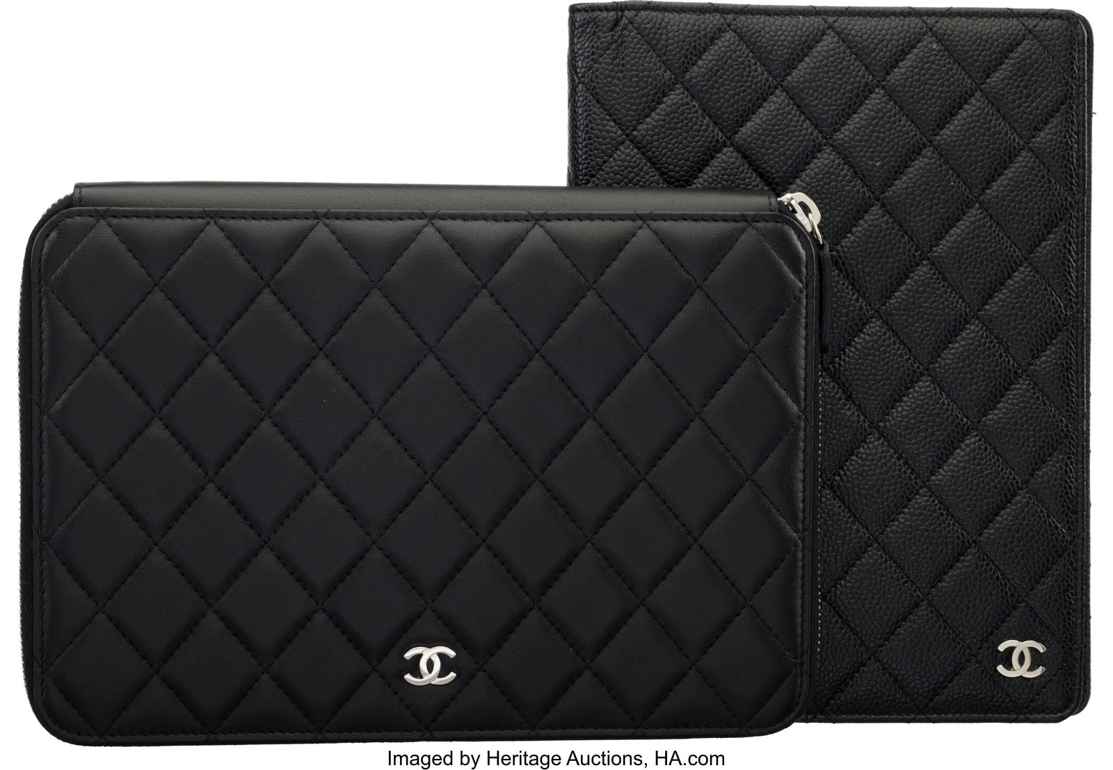 Chanel Set of Two: Black Leather Agenda Cover Ho: Chanel Set of Two: Black Leather Agenda Cover Holder and Zip Around Case See Extended Condition Report for More Details. This Set Includes: Chanel Black Caviar Agenda Cover with Sil