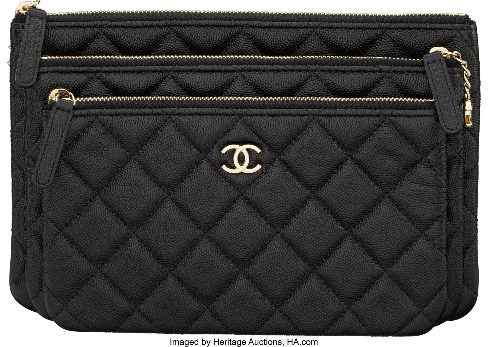 Chanel Black Quilted Caviar Leather Multi O-Case: Chanel Black Quilted Caviar Leather Multi O-Case Pouch Set with Silver Hardware 2019 Condition: 1 9.25" Width x 6.25" Height x 1.75" Depth The three O-Case Pouches in this s