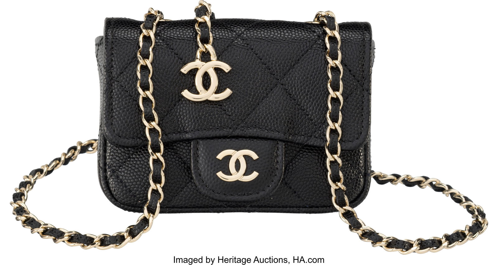 Chanel Black Quilted Caviar Leather Belt Bag wit: Chanel Black Quilted Caviar Leather Belt Bag with Light Gold Hardware 2022 Condition: 1 4" Width x 3" Height x 1" Depth This bag is done in Black Caviar Leather with Light Gold Hardware, f