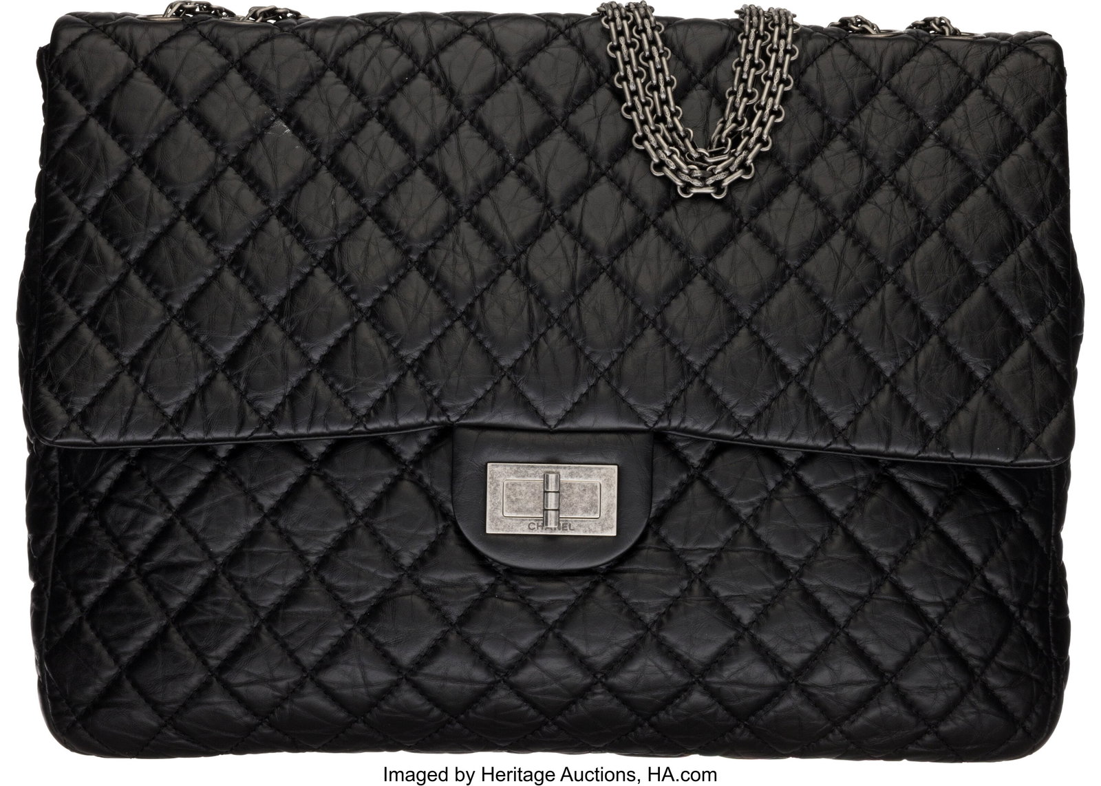 Chanel Black Quilted Calfskin Leather Maxi 2.55: Chanel Black Quilted Calfskin Leather Maxi 2.55 Reissue Flap Bag with Aged Ruthenium Hardware 2010-2011 Condition: 2 14.5" Width x 11" Height x 2" Depth This bag is done in Black C