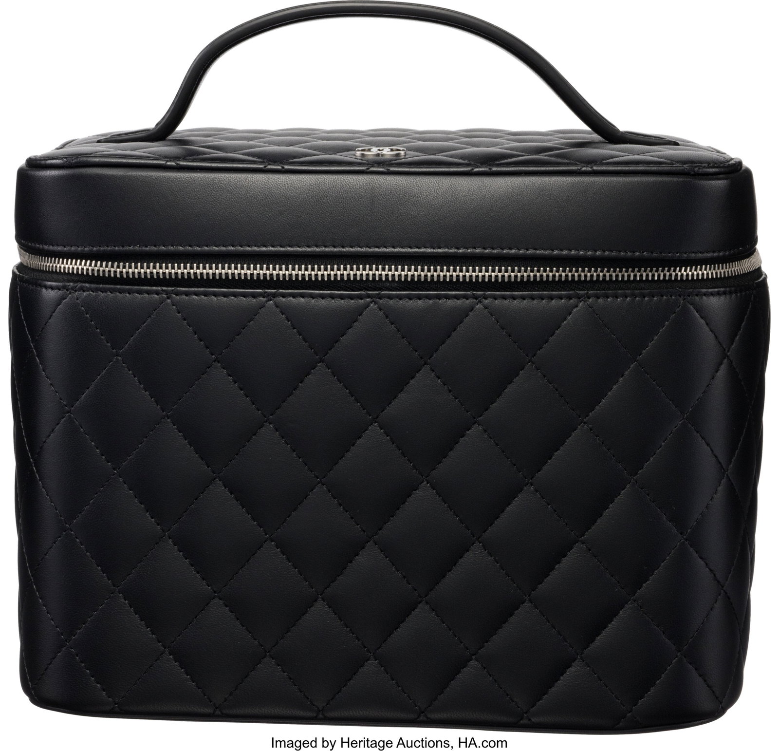 Chanel Black Quilted Leather Vanity Case with Si: Chanel Black Quilted Leather Vanity Case with Silver Hardware 2016-2017 Condition: 1 9" Width x 6.5" Height x 6.5" Depth This bag is done in Black Quilted Leather with Silver Hardw