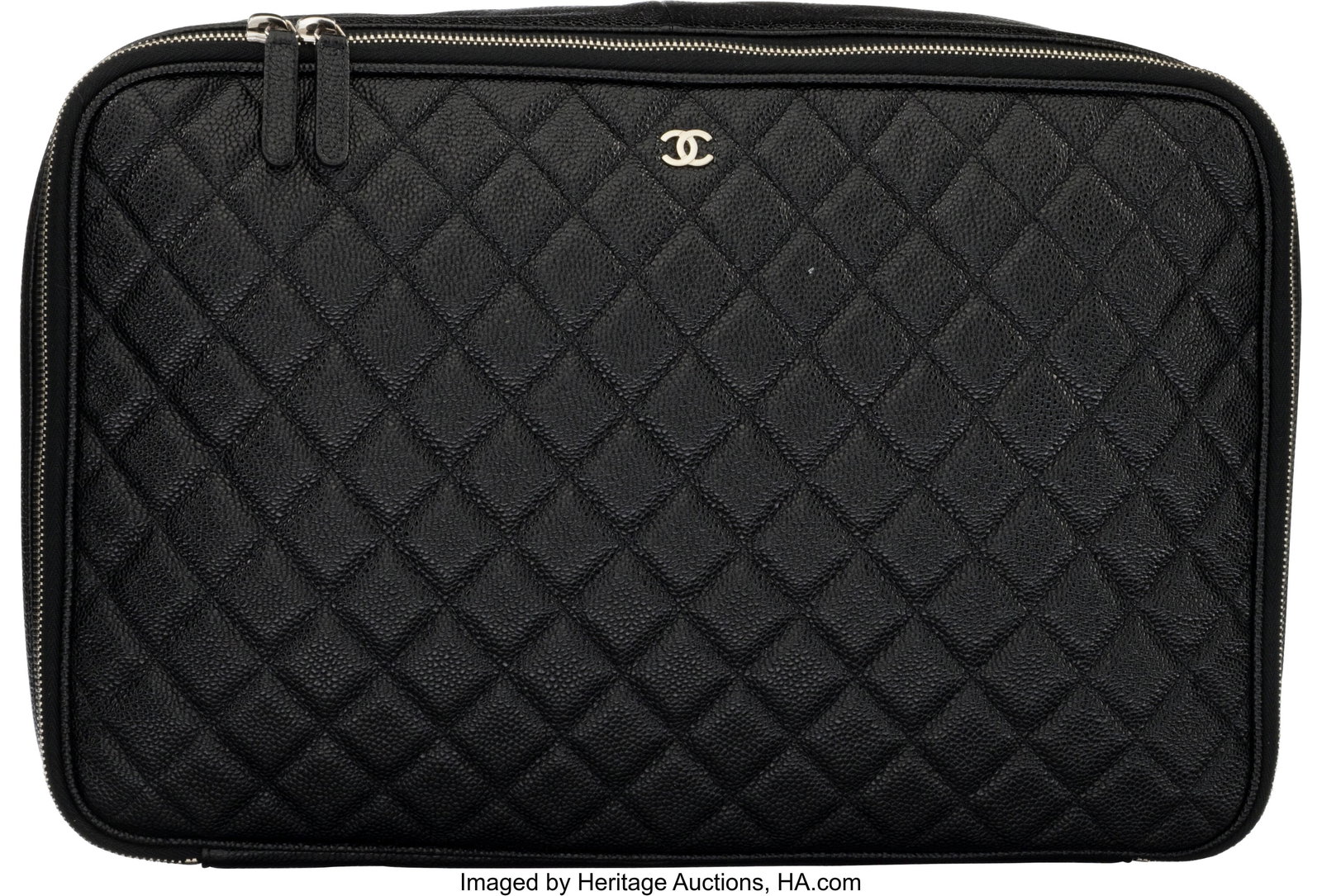 Chanel Black Quilted Caviar Leather Large O-Case: Chanel Black Quilted Caviar Leather Large O-Case with Silver Hardware 2012-2013 Condition: 1 15" Width x 9.5" Height x 3.5" Depth This bag is done in Black Caviar Leather with Silv