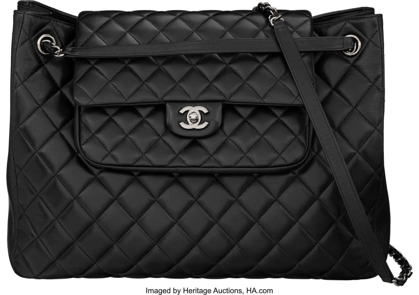 Chanel Paris-Edinburgh Black Quilted Lambskin Le: Chanel Paris-Edinburgh Black Quilted Lambskin Leather Flap Tote with Silver Hardware 2013 Condition: 1 14.75" Width x 11.25" Height x 4.5" Depth This bag is done in Black La