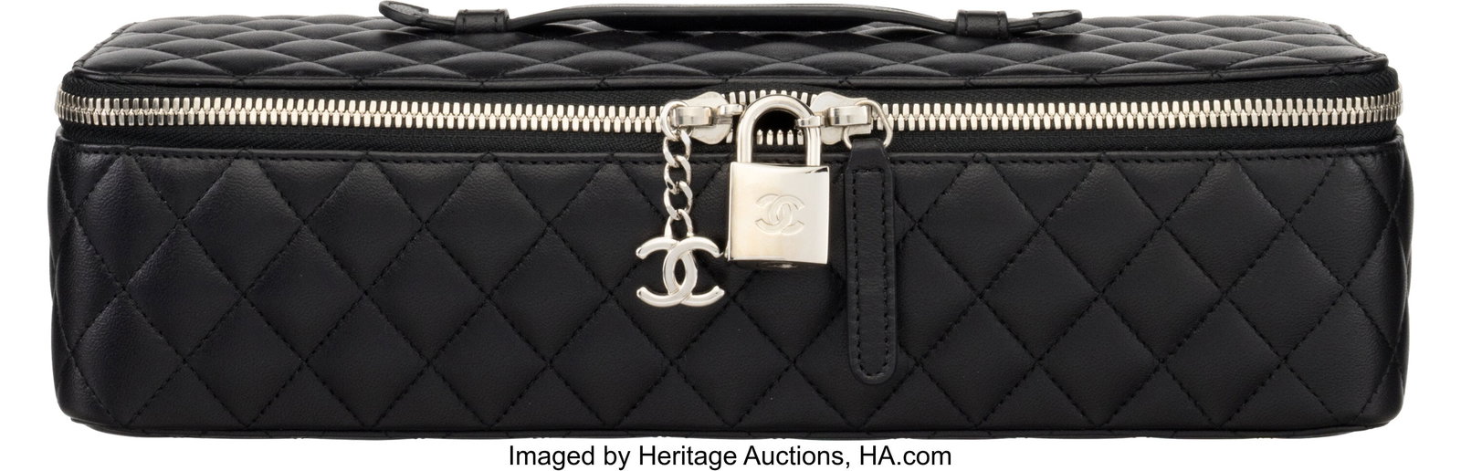 Chanel Black Quilted Lambskin Leather Jewelry Ca: Chanel Black Quilted Lambskin Leather Jewelry Case with Silver Hardware 2011 Condition: 2 11" Width x 3" Height x 4.5" Depth This jewelry case is done in Black Lambskin Leather with Silve