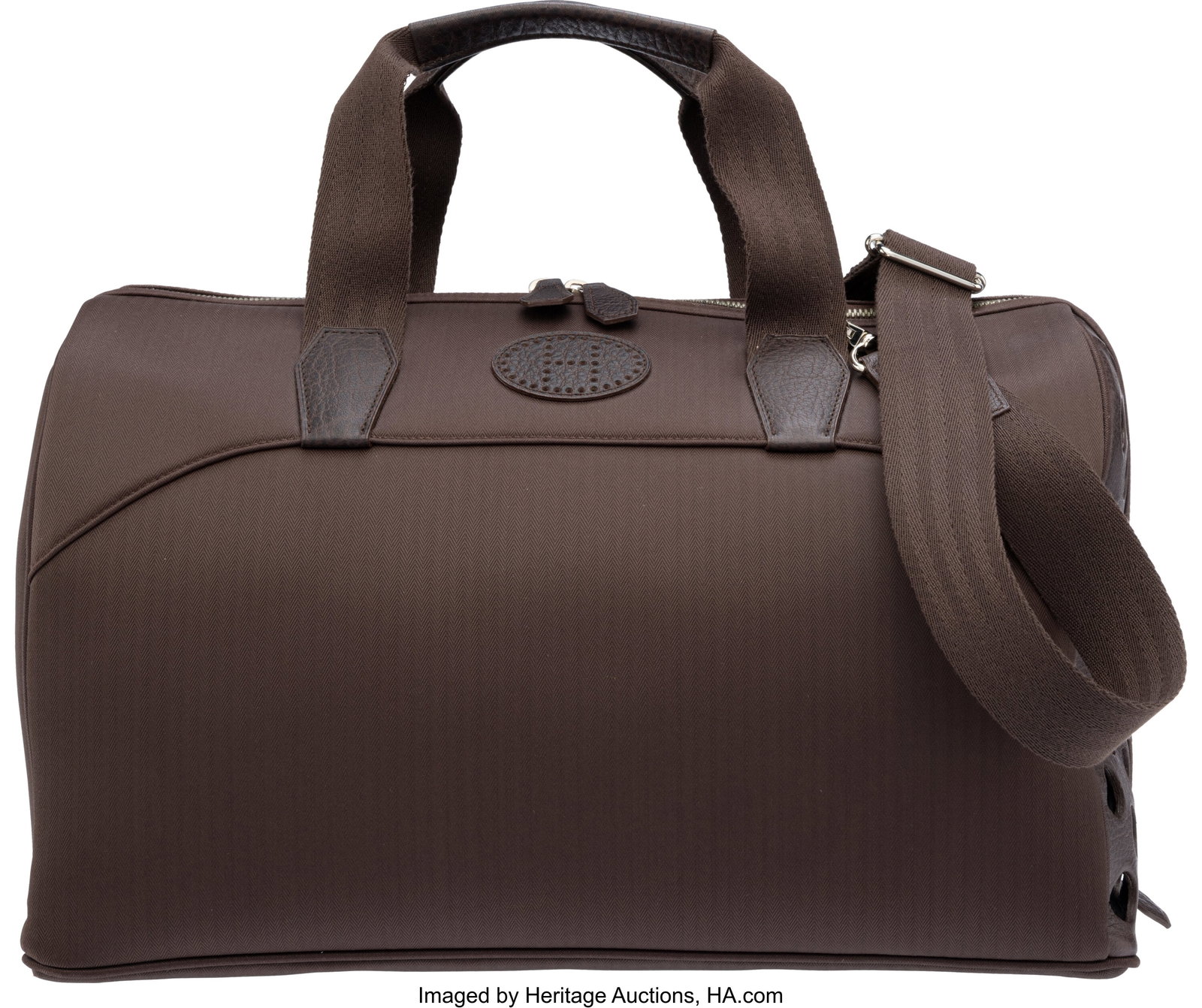 Hermès Chocolat Toile & Leather Sac Cian Pet Ca: Hermès Chocolat Toile & Leather Sac Cian Pet Carrier with Palladium Hardware Condition: 3 17" Width x 10" Height x 9" Depth This bag is done in Chocolat Toile and Leather with Palladi