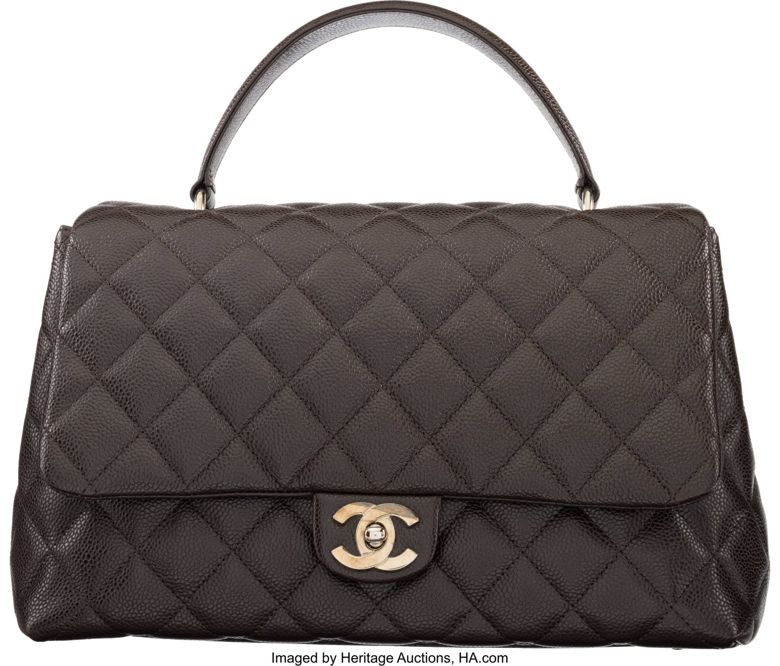 Chanel Brown Quilted Caviar Leather Medium Kelly: Chanel Brown Quilted Caviar Leather Medium Kelly Top Handle Bag with Silver Hardware 2005-2006 Condition: 2 11.5" Width x 7.5" Height x 4.5" Depth This bag is done in Brown