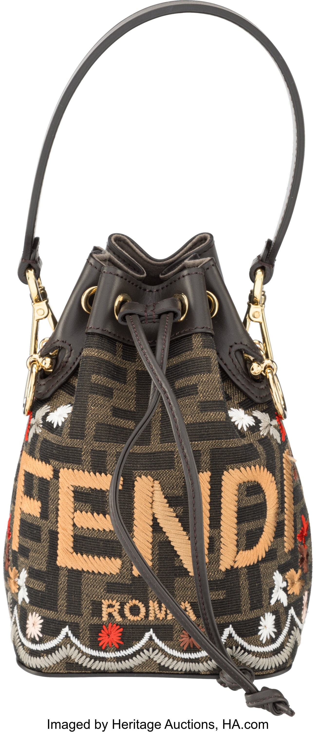 Fendi Embroidered Canvas Mon Tressor Mini Bucket: Fendi Embroidered Canvas Mon Tressor Mini Bucket Bag with Gold Hardware Condition: 1 4.5" Width x 8" Height x 4" Depth This bag is done in Brown FF Monogram Canvas with Gold Hardware&comm