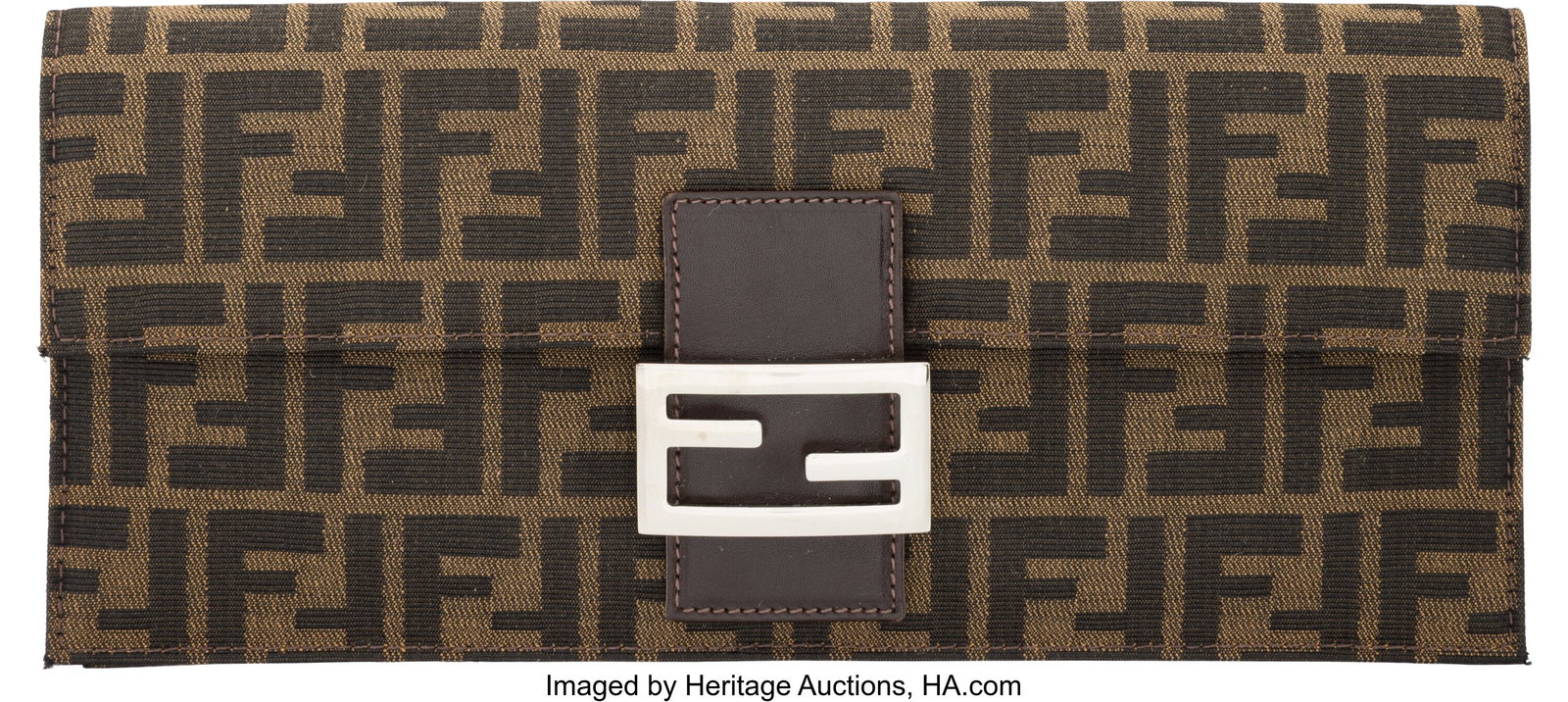 Fendi Brown Zucca Canvas Clutch with Silver Hard: Fendi Brown Zucca Canvas Clutch with Silver Hardware Condition: 2 12" Width x 5.5" Height x 1.5" Depth This clutch is done in Brown Fendi Zucca Print Canvas with Silver Hardware&co