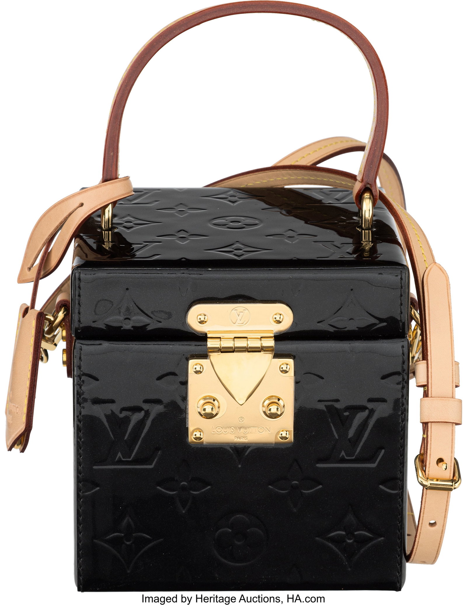 Louis Vuitton Black Monogram Vernis Leather Blee: Louis Vuitton Black Monogram Vernis Leather Bleecker Box Bag with Gold Hardware 2019 Condition: 1 5" Width x 5" Height x 5" Depth This bag is done in Black Monogram Vernis Leather with Gold Hard