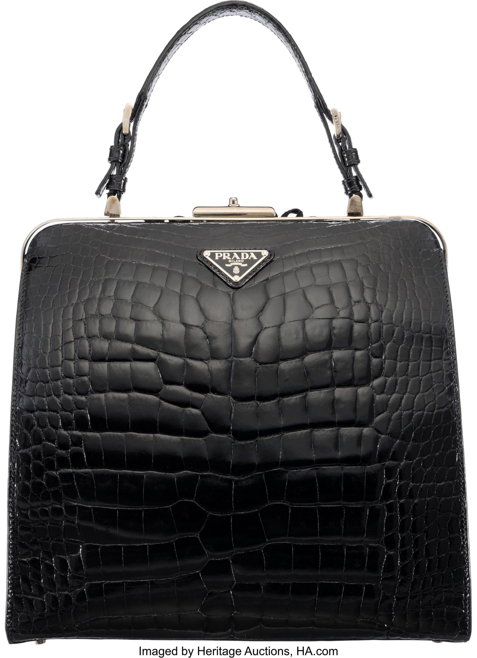 Prada Black Alligator Frame Bag with Silver Hard: Prada Black Alligator Frame Bag with Silver Hardware Condition: 3 11.5" Width x 11" Height x 3.5" Depth This bag is done in Black Alligator with Silver Hardware, featuring wo
