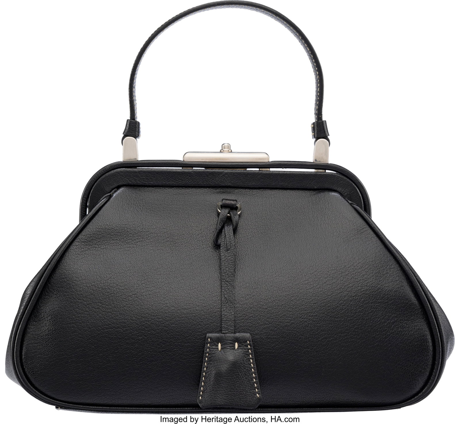 Prada Black Leather Madras Cerniera Frame Bag wi: Prada Black Leather Madras Cerniera Frame Bag with Silver Hardware Condition: 2 10" Width x 6" Height x 4.5" Depth This bag is done in Black Leather with Silver Hardware, featuring