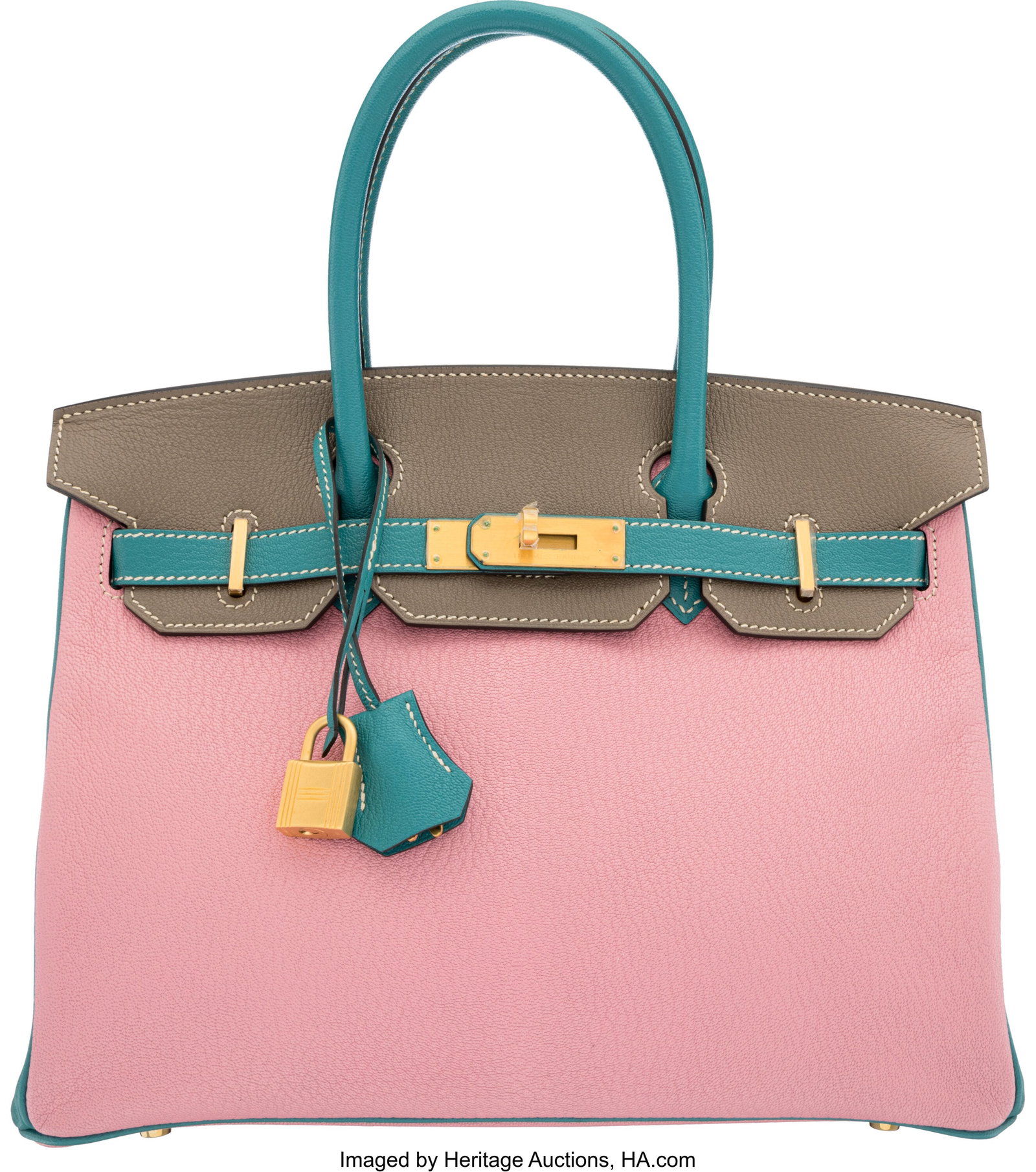 Hermès Special Order Horseshoe 30cm Rose Confet: Hermès Special Order Horseshoe 30cm Rose Confetti, Etoupe, & Bleu Paon Chevre Leather Birkin Bag with Brushed Gold Hardware X, 2016 Condition: 2 12" Width x 8&period