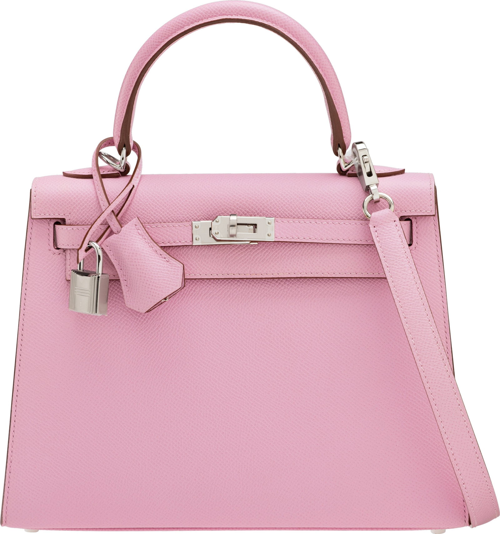 Hermès 25cm Mauve Sylvestre Epsom Leather Kelly: Hermès 25cm Mauve Sylvestre Epsom Leather Kelly Sellier Bag with Palladium Hardware U, 2022 Condition: 1 9.5" Width x 7" Height x 3.5" Depth This bag is done in Mauve