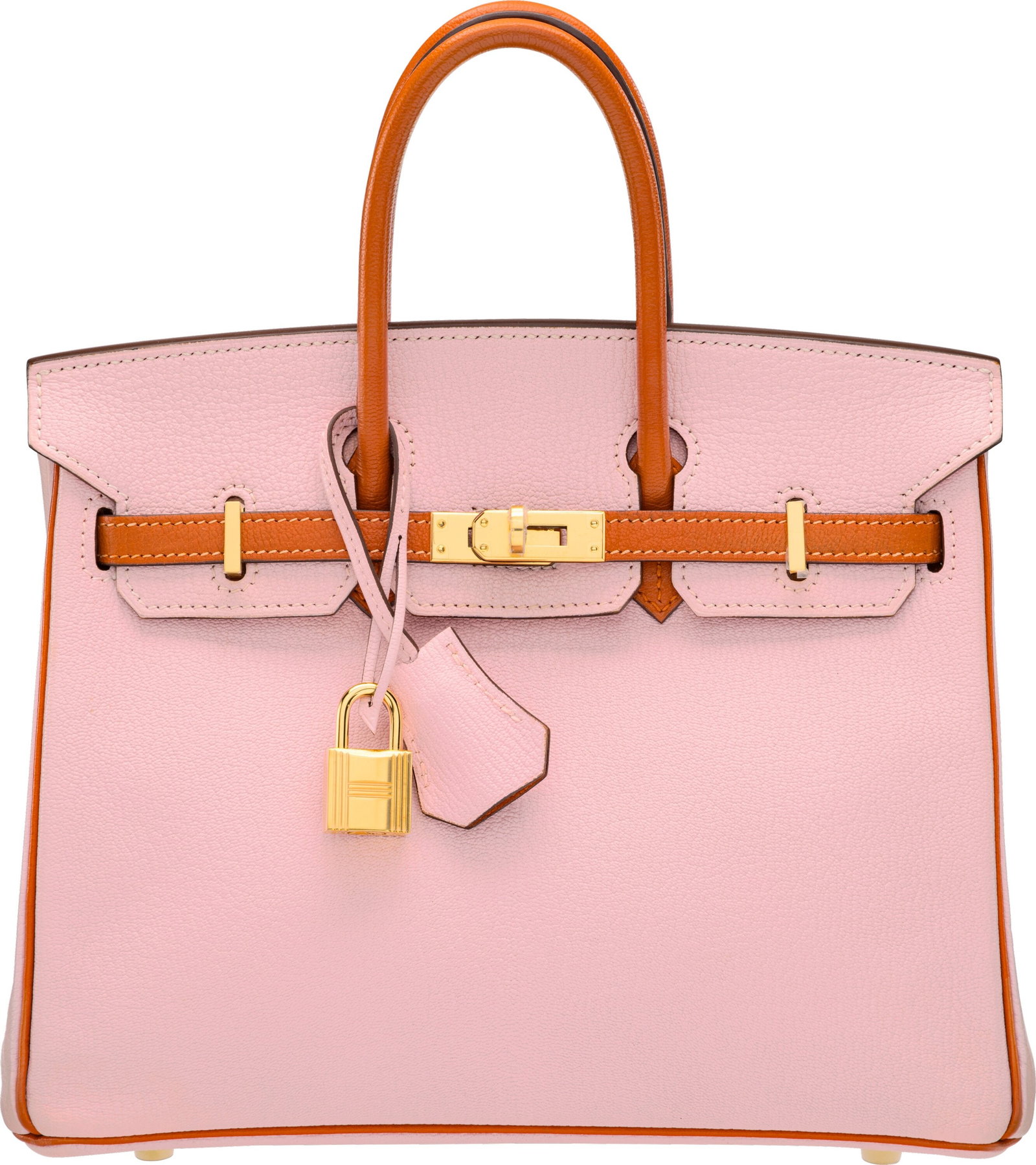 Hermès Special Order Horseshoe 25cm Rose Sakura: Hermès Special Order Horseshoe 25cm Rose Sakura & Potiron Chevre Leather Birkin Bag with Gold Hardware X, 2016 Condition: 1 10" Width x 8" Height x 5" Depth This bag is done in