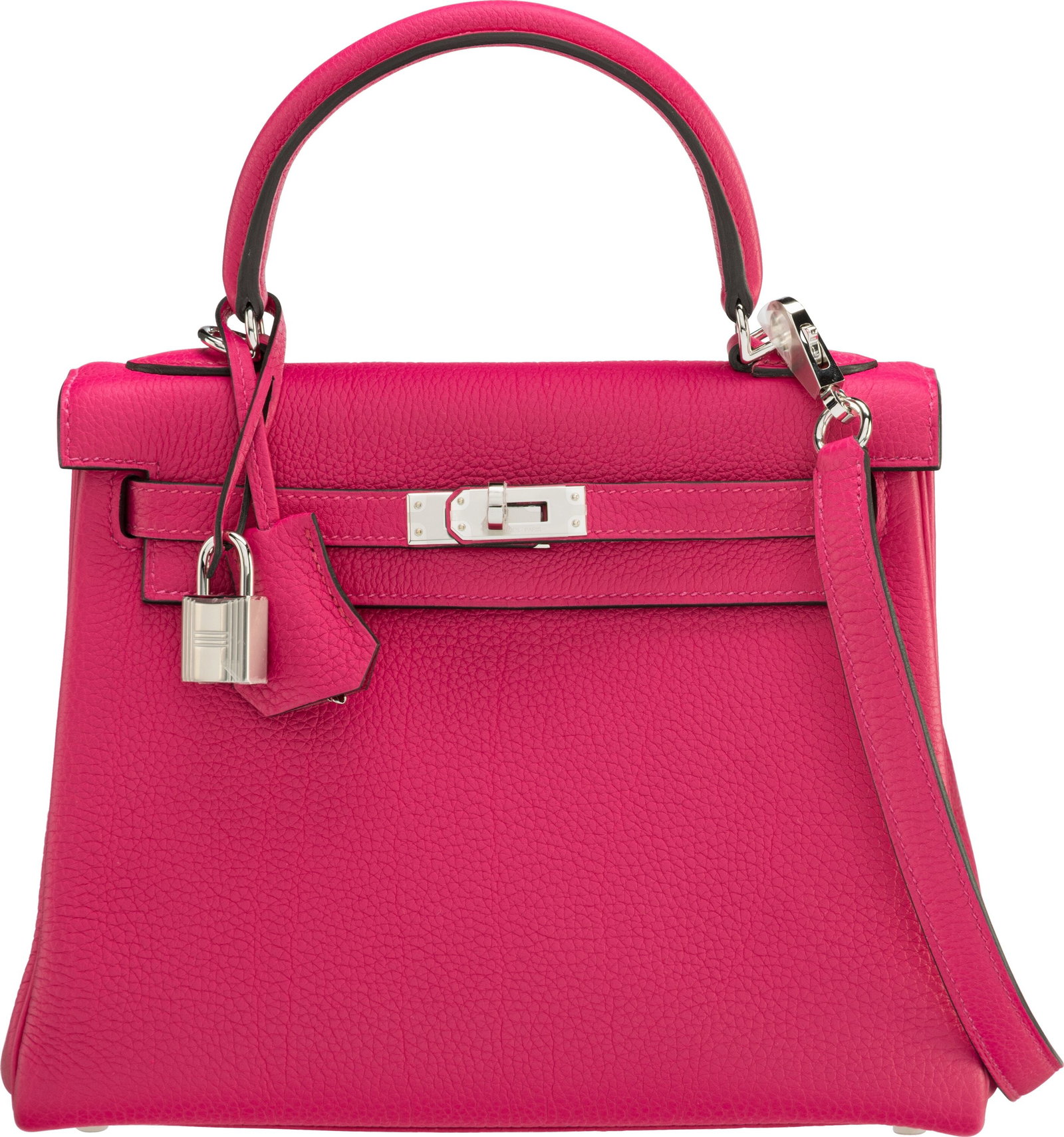 Hermès 25cm Rose Mexico Togo Leather Kelly Reto: Hermès 25cm Rose Mexico Togo Leather Kelly Retourne Bag with Palladium Hardware K, 2025 Condition: 1 9" Width x 7.5" Height x 4" Depth This bag is done in Rose Mexico Togo Le