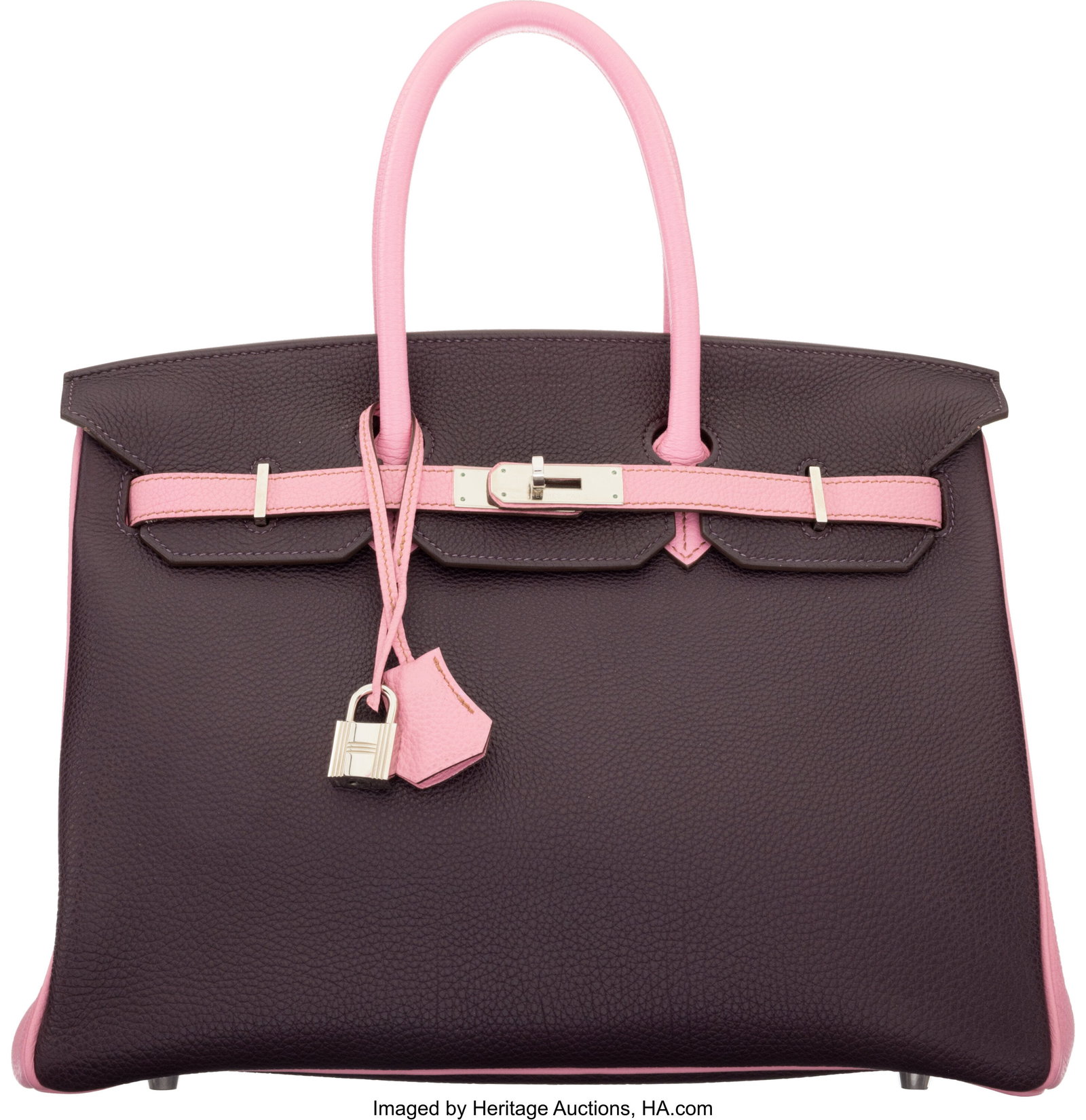 Hermès Special Order Horseshoe 35cm 5P Bubblegu: Hermès Special Order Horseshoe 35cm 5P Bubblegum Pink & Cassis Togo Leather Birkin Bag with Palladium Hardware O Square, 2011 Condition: 2 14" Width x 10" Height x 7" Depth This