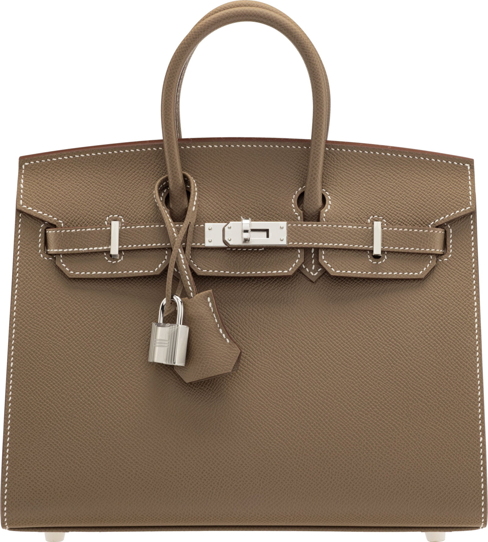 Hermès 25cm Etoupe Epsom Leather Birkin Sellier: Hermès 25cm Etoupe Epsom Leather Birkin Sellier Bag with Palladium Hardware W, 2024 Condition: 1 10" Width x 8" Height x 5" Depth This bag is done in Etoupe Epsom Leather with Palla