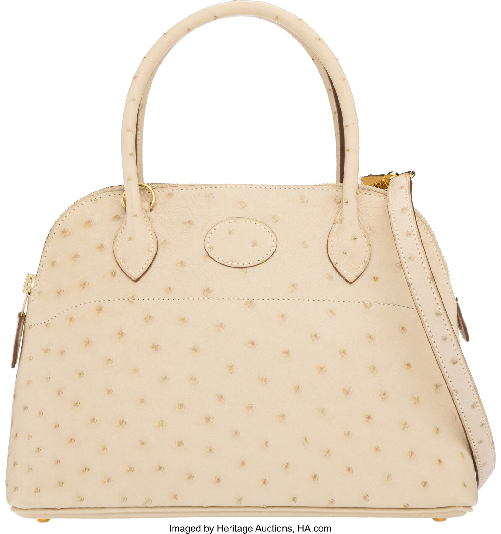 Hermès 27cm Parchemin Ostrich Bolide Bag with G: Hermès 27cm Parchemin Ostrich Bolide Bag with Gold Hardware M Square, 2009 Condition: 1 10.5" Width x 7.5" Height x 4" Depth This bag is done in Parchemin Ostrich with