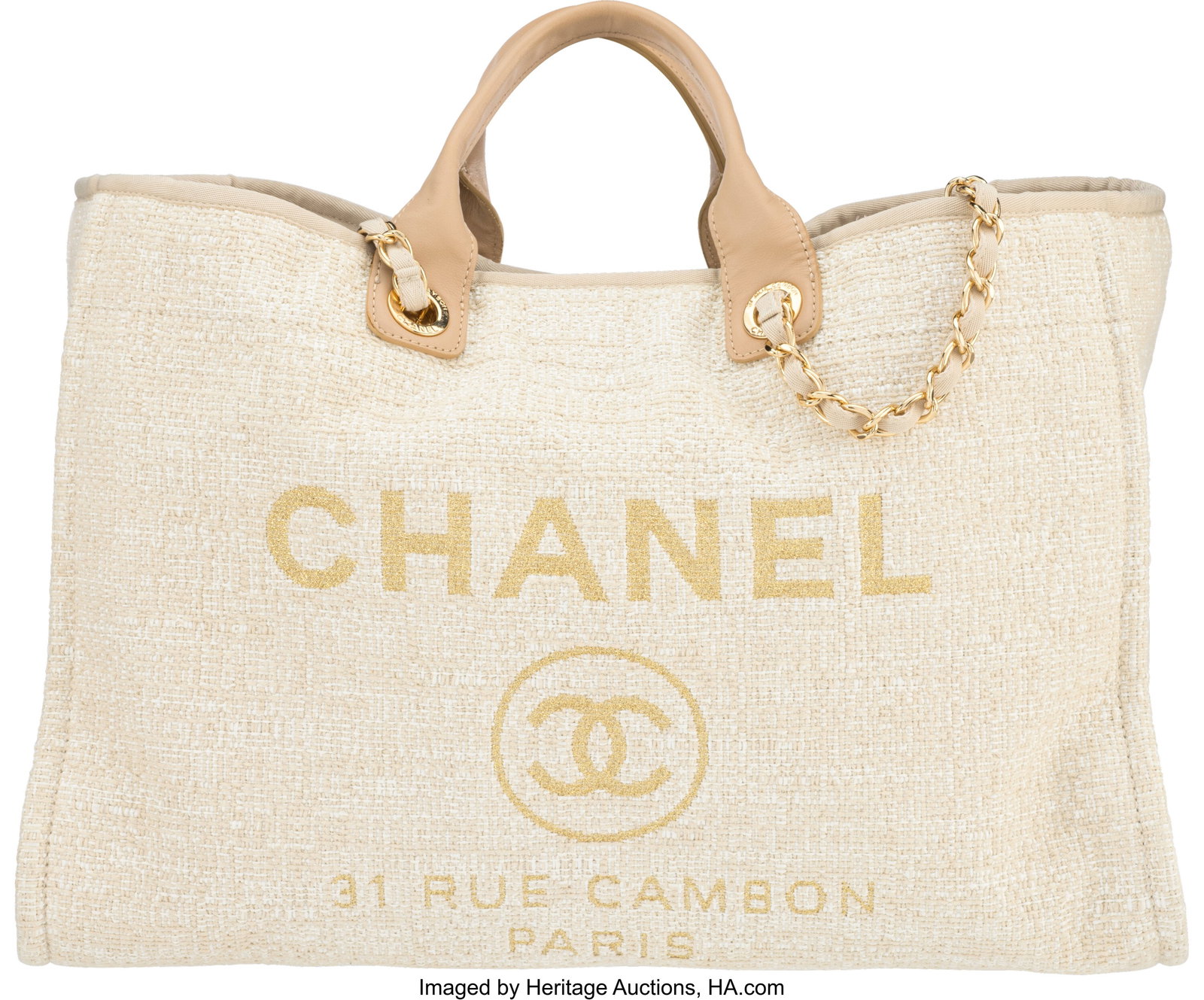 Chanel Beige Tweed Large Deauville Tote with Gol: Chanel Beige Tweed Large Deauville Tote with Gold Hardware Condition: 3 17" Width x 12.5" Height x 8.5" Width This bag is done in Beige Tweed with Gold Hardware, featuring tw