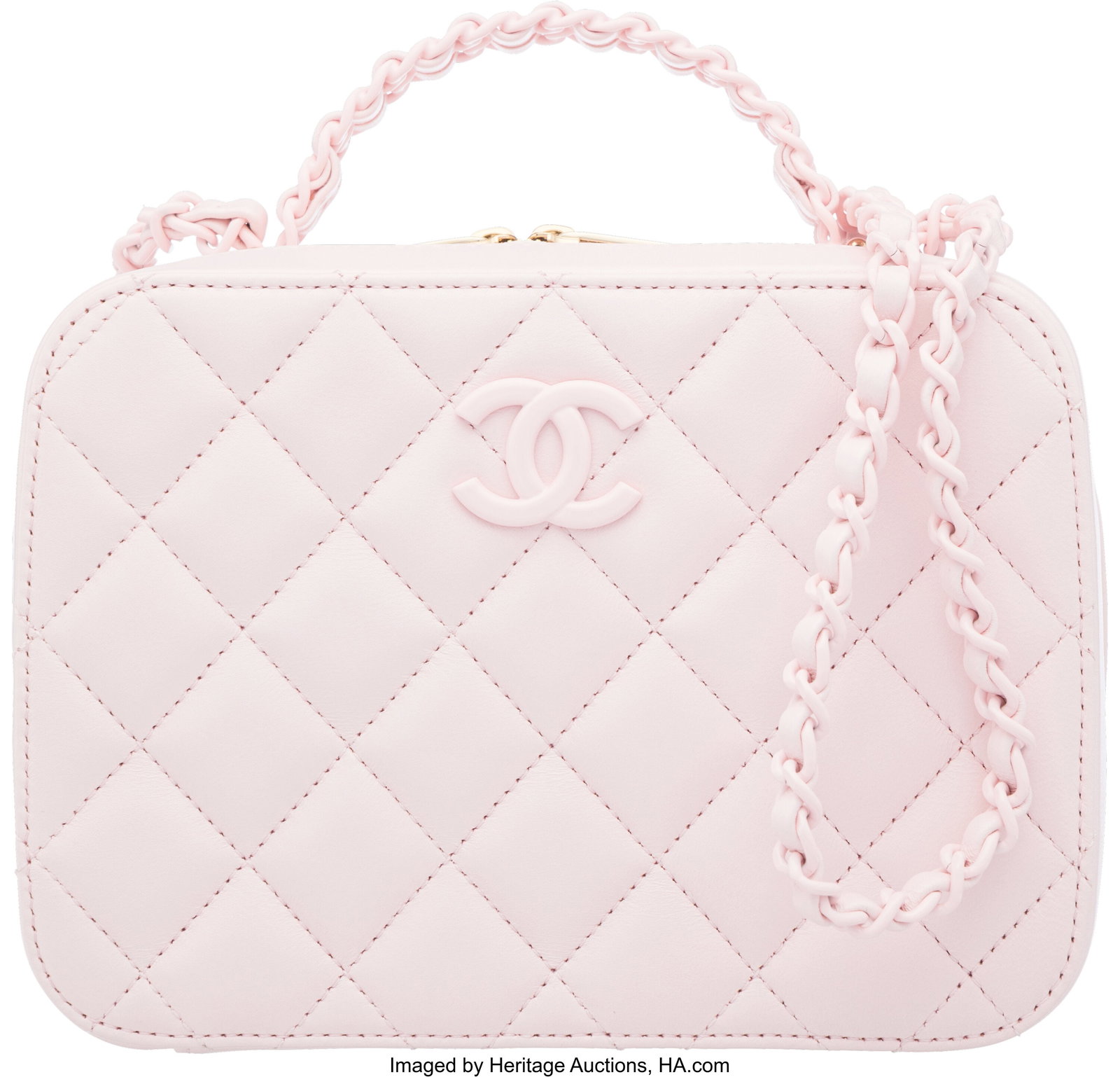 Chanel Light Pink Quilted Lambskin Leather Top H: Chanel Light Pink Quilted Lambskin Leather Top Handle Vanity Case with Pink Enamel & Gold Hardware Condition: 1 7.75" Width x 5.5" Height x 3" Depth This bag is done in Light P
