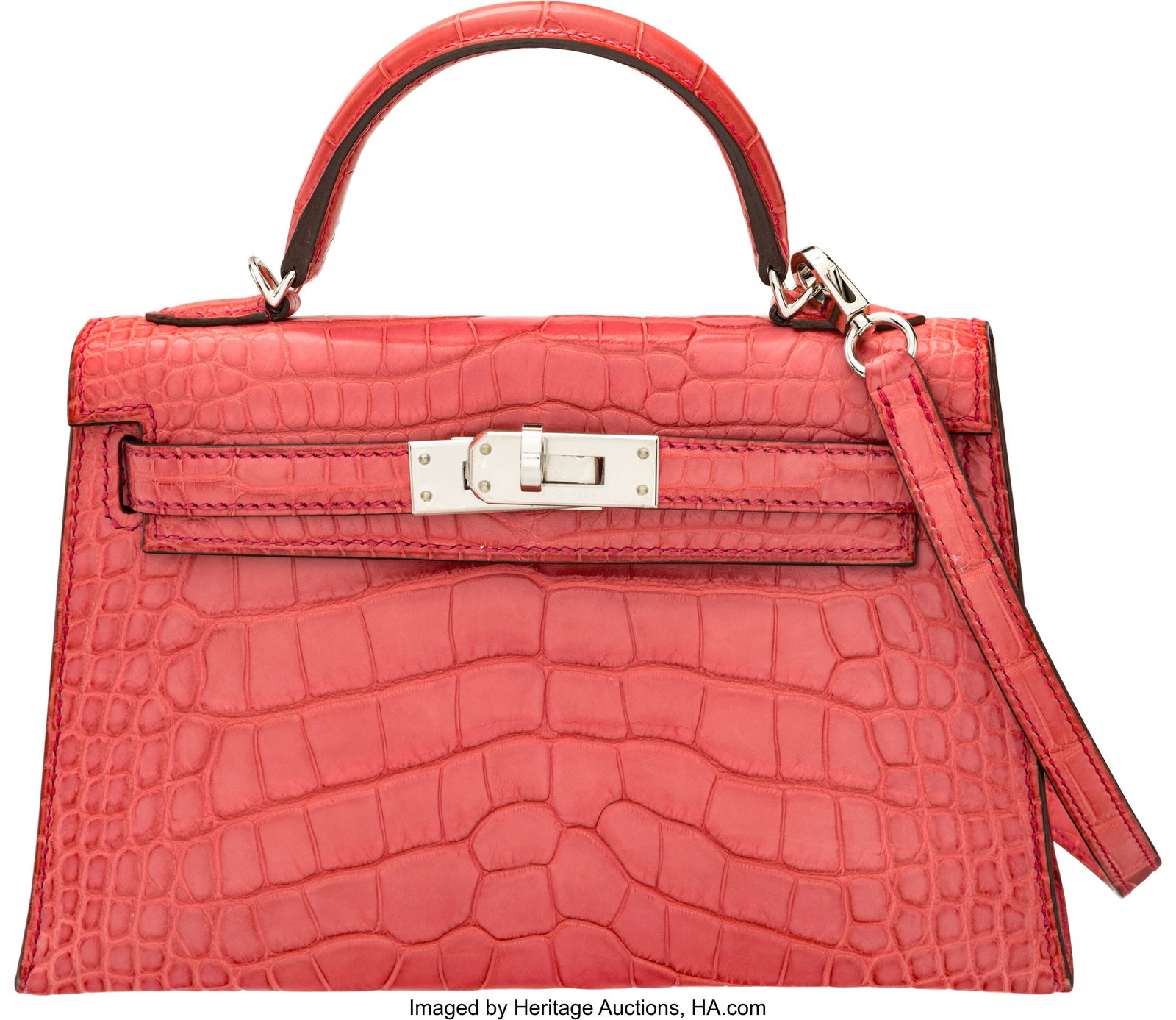 Hermès 20cm Matte Bougainvillier Alligator Mini: Hermès 20cm Matte Bougainvillier Alligator Mini Kelly with Palladium Hardware C, 2018 Condition: 2 7.5" Width x 4.5" Height x 2.5" Depth This bag is done in Mat