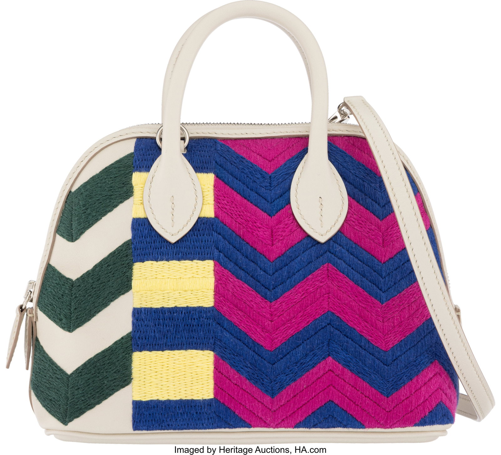 Hermès Limited Edition Zig Zag Embroidered Beto: Hermès Limited Edition Zig Zag Embroidered Beton Swift Leather Mini Bolide 1923 with Palladium Hardware C, 2018 Condition: 1 7" Width x 5.5" Height x 3" Depth This bag is don