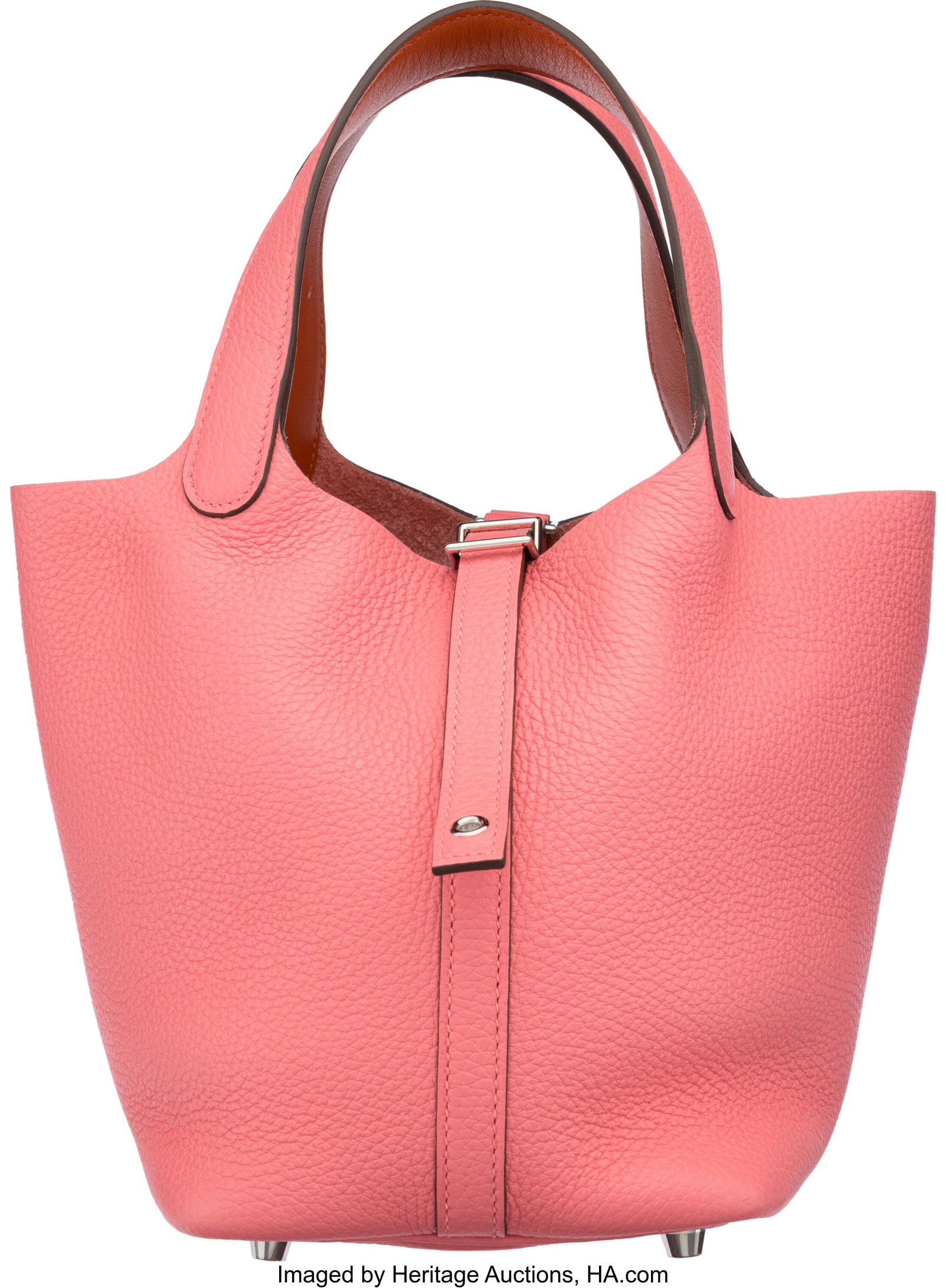 Hermès 18cm Rose Azalee & Orange Minimum Togo L: Hermès 18cm Rose Azalee & Orange Minimum Togo Leather Eclat Picotin Lock Bag with Palladium Hardware A, 2017 Condition: 2 7.5" Width x 7.5" Height x 5" Depth This