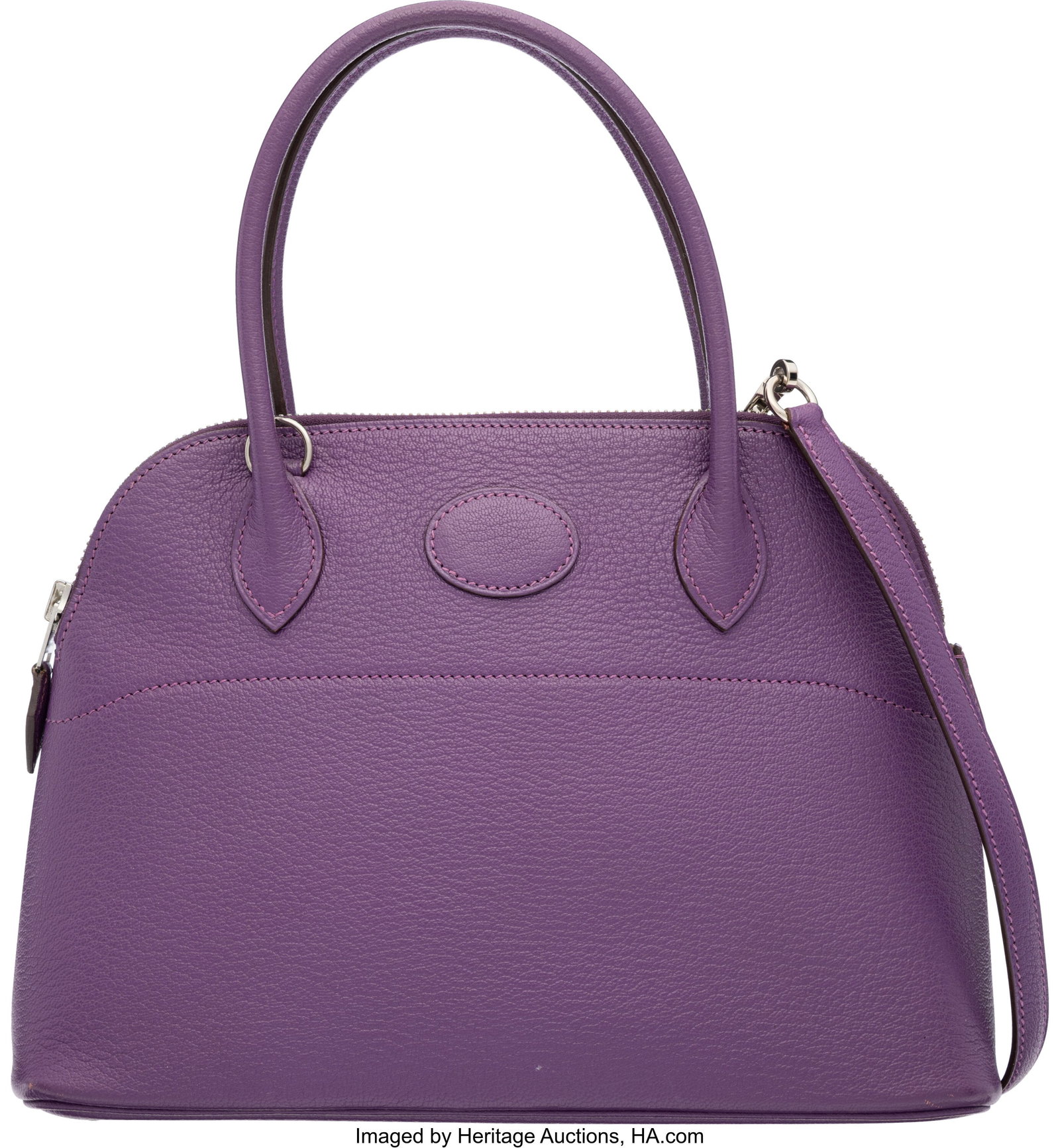 Hermès 27cm Violet Chevre Leather Bolide Bag wi: Hermès 27cm Violet Chevre Leather Bolide Bag with Palladium Hardware I Square, 2005 Condition: 2 10.5" Width x 7.5" Height x 4" Depth This bag is done in Violet Chevre