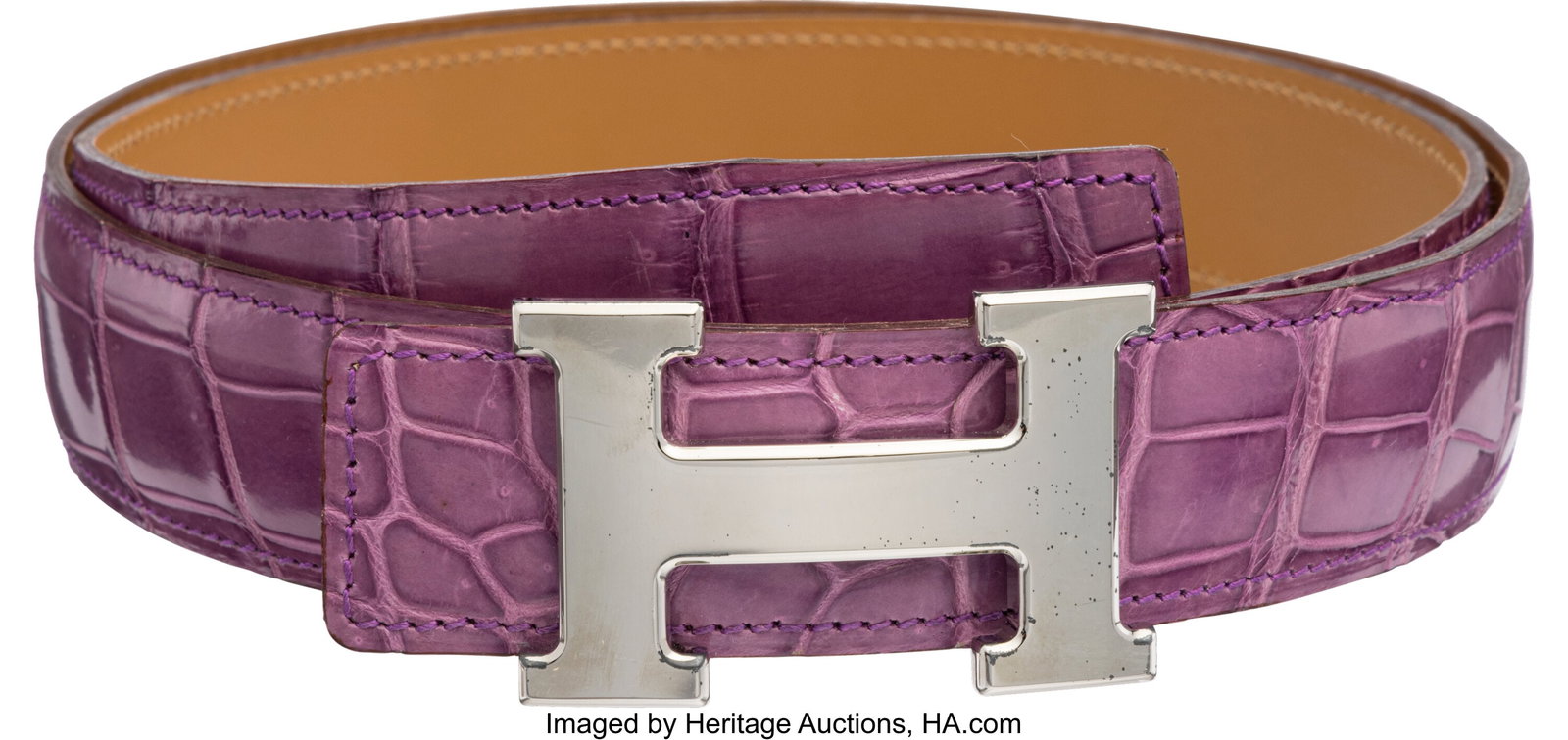 Hermès 32mm Shiny Violet Porosus Crocodile H Be: Hermès 32mm Shiny Violet Porosus Crocodile H Belt with Palladium Hardware J Square, 2006 Condition: 2 Size 90 (34.5" Waist Circumference) This belt is done in Shiny
