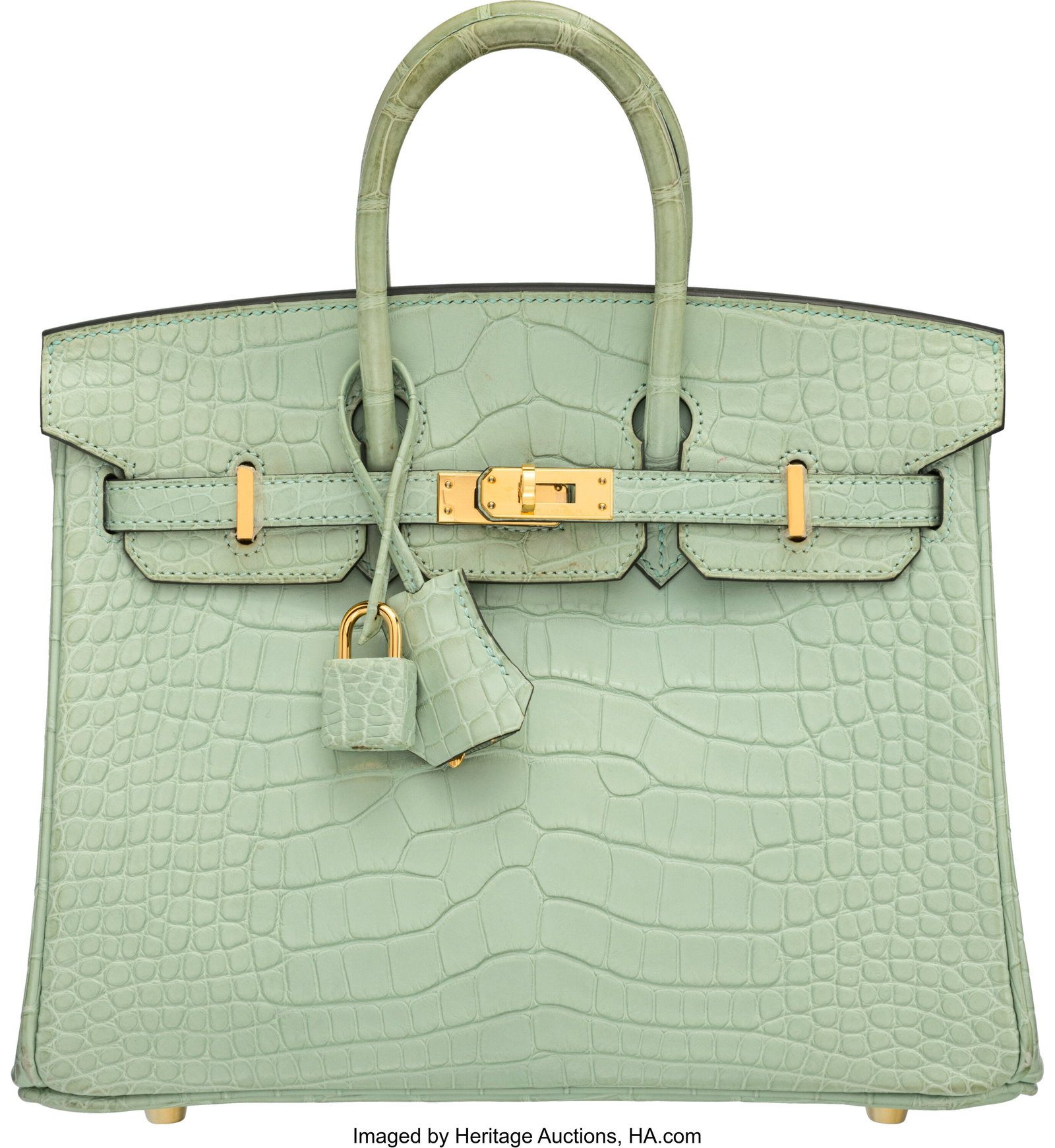 Hermès 25cm Matte Vert D'eau Alligator Birkin B: Hermès 25cm Matte Vert D'eau Alligator Birkin Bag with Palladium Hardware A, 2017 Condition: 3 10" Width x 8" Height x 5" Depth This bag is done in Matte Vert D'eau Alligator with G