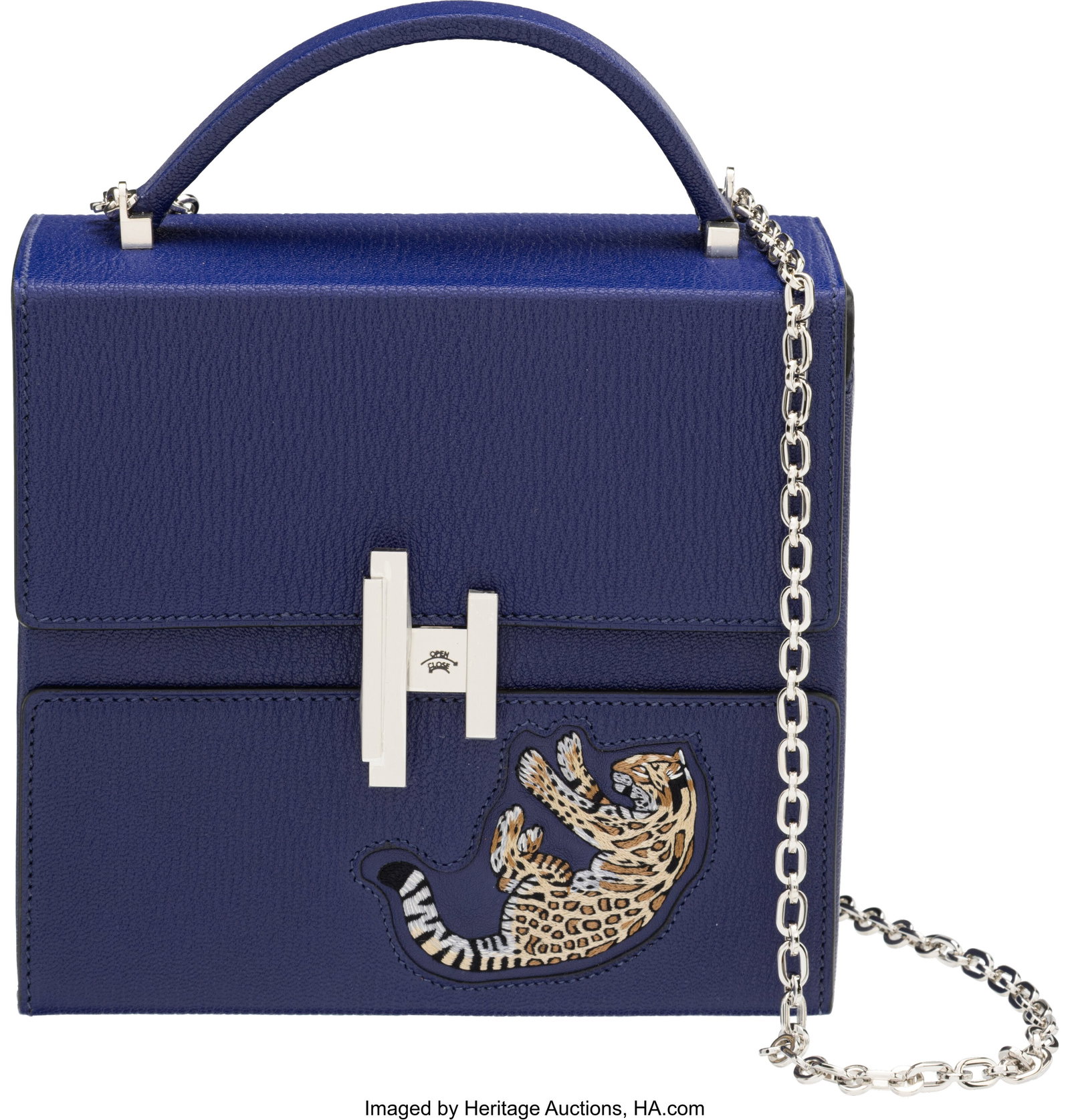 Hermès Limited Edition Bleu Encre Chevre Leathe: Hermès Limited Edition Bleu Encre Chevre Leather "Le Rêve de Dallet" Mischievous Animals Cinhetic Bag with Palladium Hardware Z, 2021 Condition: 1 7.25" Width x 6&perio