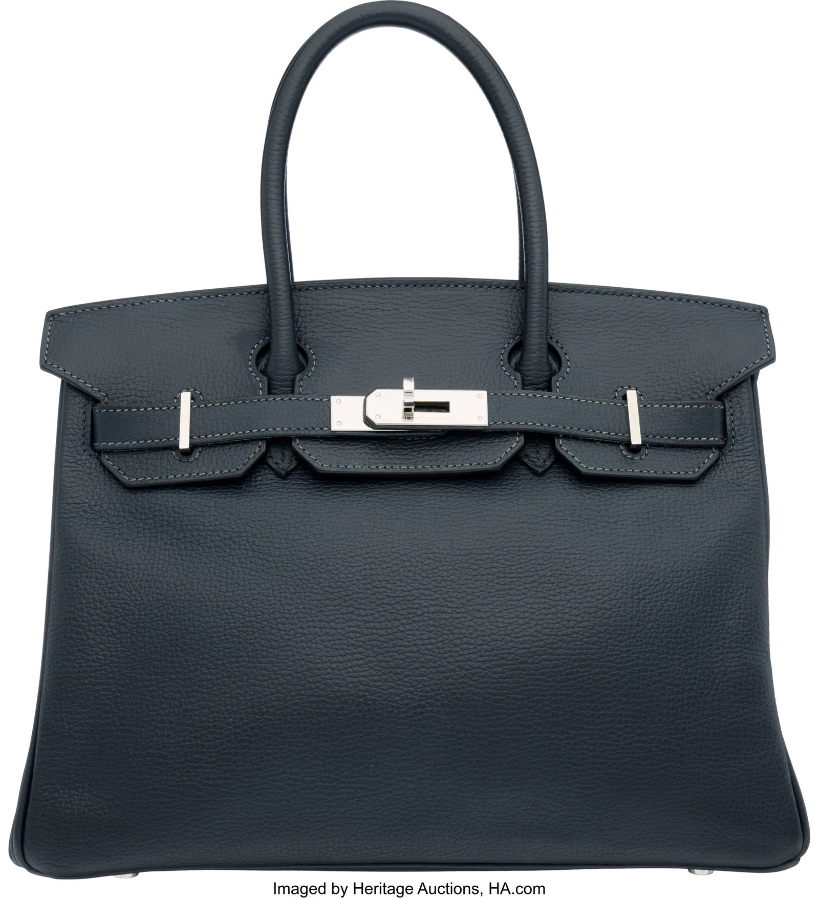 Hermès 30cm Bleu Indigo Evergrain Leather Birki: Hermès 30cm Bleu Indigo Evergrain Leather Birkin Bag with Palladium Hardware J Square, 2006 Condition: 3 11.5" Width x 9" Height x 6" Depth This bag is done in Bleu Indigo Ev