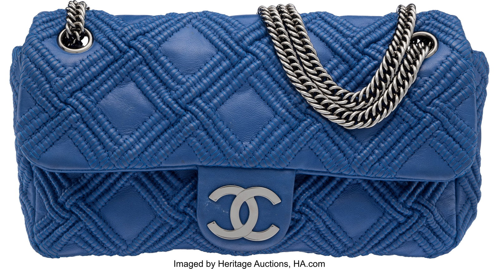 Chanel Blue Lambskin Leather Walk-Of-Fame Small: Chanel Blue Lambskin Leather Walk-Of-Fame Small Flap Bag with Ruthenium Hardware Cruise 2008 Condition: 3 9.5" Width x 6" Height x 2.5" Depth This bag is done in Blue Lambskin Leat