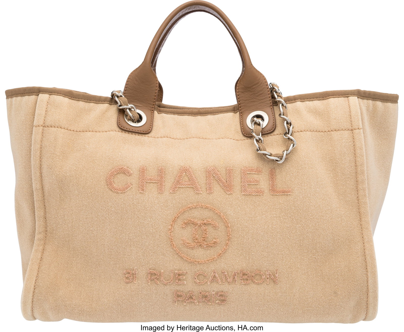 Chanel Beige Canvas Sequin Medium Deauville Tote: Chanel Beige Canvas Sequin Medium Deauville Tote with Silver Hardware Condition: 3 15" Width x 11.5" Height x 8" Depth This bag is done in Beige Canvas with Silver Hardware, featuri