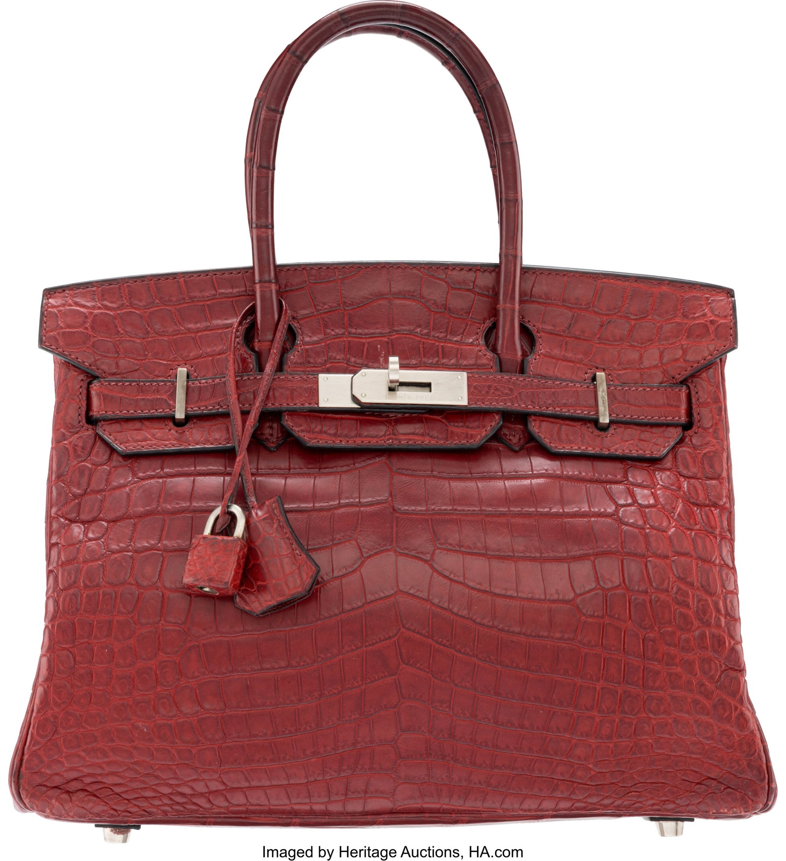 Hermès 30cm Matte Rouge H Niloticus Crocodile B: Hermès 30cm Matte Rouge H Niloticus Crocodile Birkin Bag with Brushed Palladium Hardware F Square, 2002 Condition: 3 11.5" Width x 9" Height x 6" Depth This bag is done in Ma