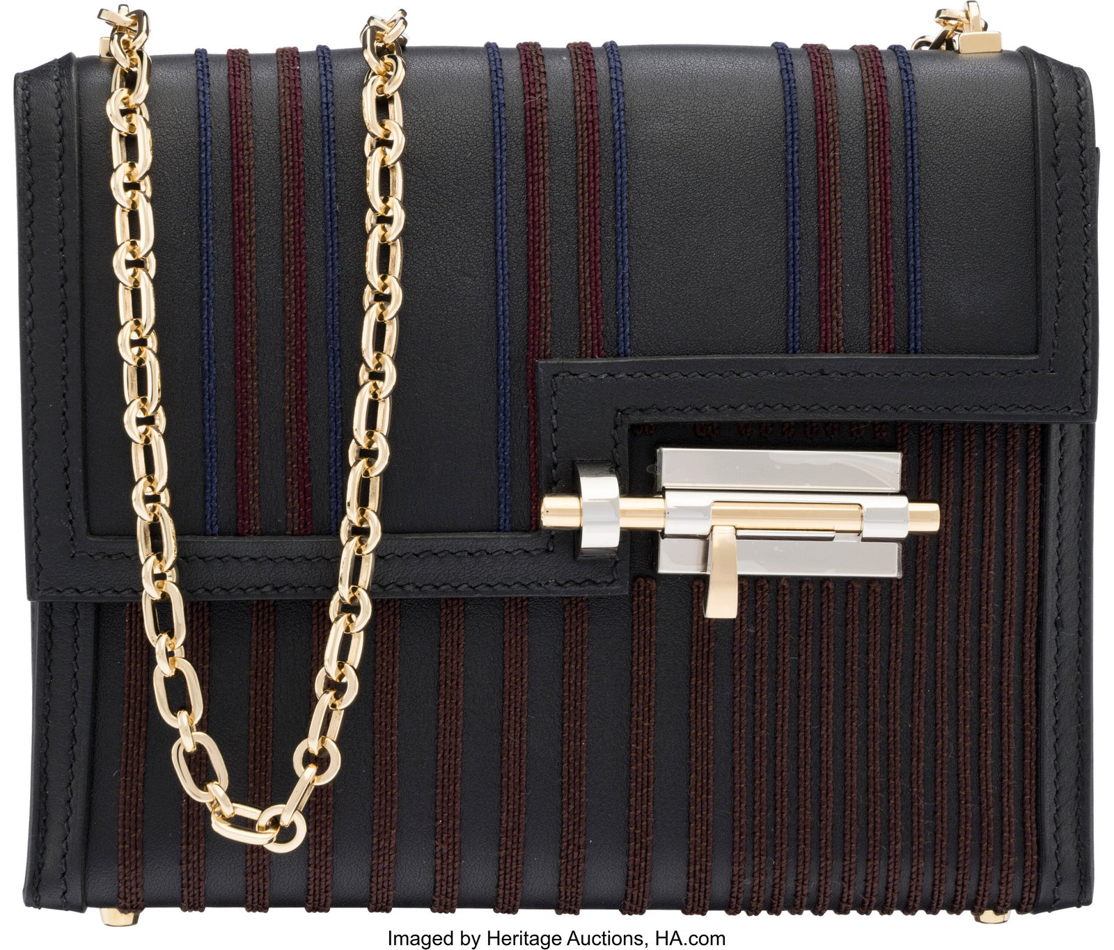 Hermès Limited Edition Caban Swift Leather Embr: Hermès Limited Edition Caban Swift Leather Embroidered Stripe Mini Verrou Chaine Bag with Palladium & Permabrass Hardware B, 2023 Condition: 2 7" Width x 5.5" Height x 2"