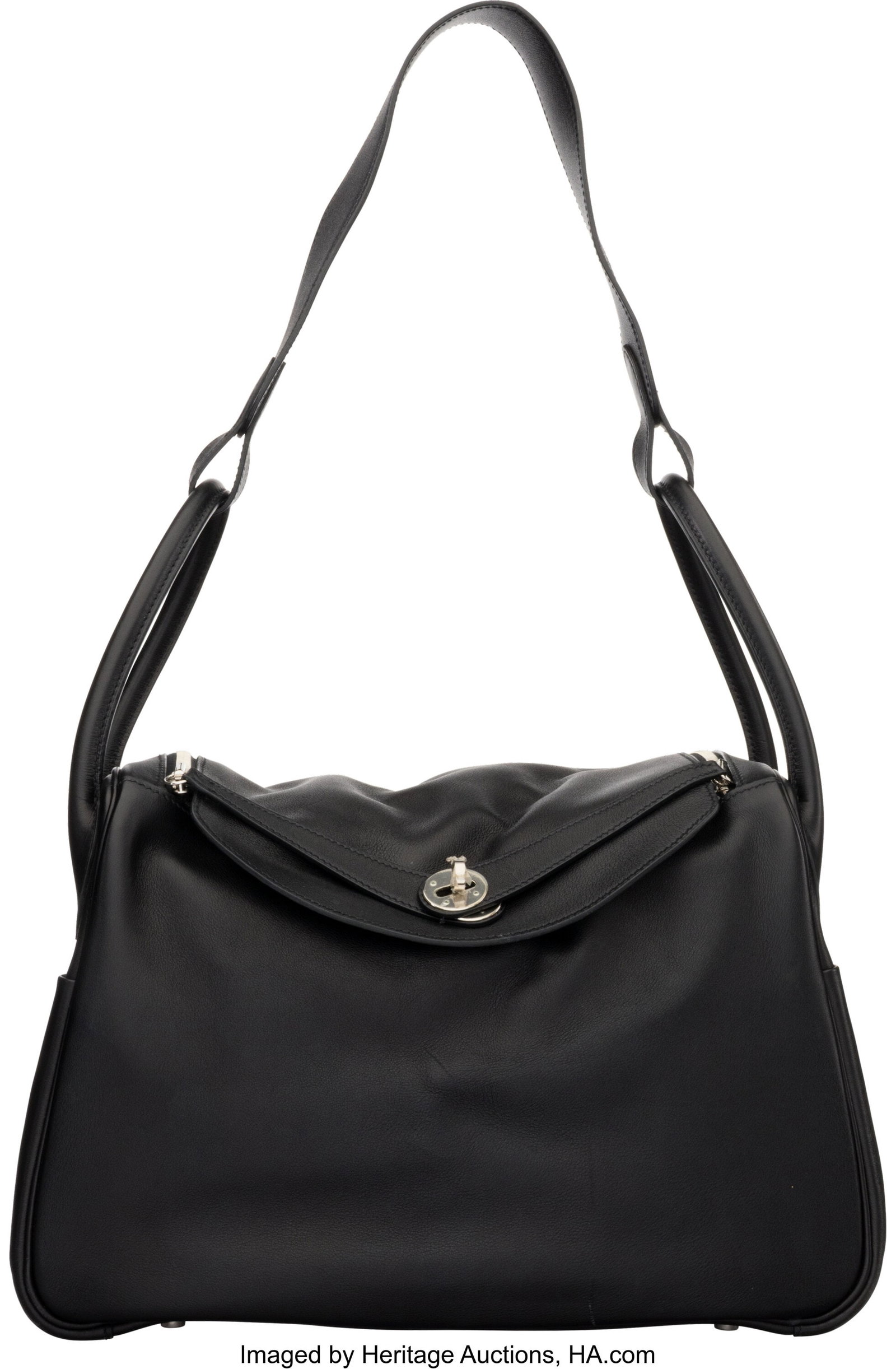Hermès 34cm Black Swift Leather Lindy Bag with: Hermès 34cm Black Swift Leather Lindy Bag with Palladium Hardware K Square, 2007 Condition: 3 13.5" Width x 8" Height x 6" Depth This bag is done in Black Swift Leather with